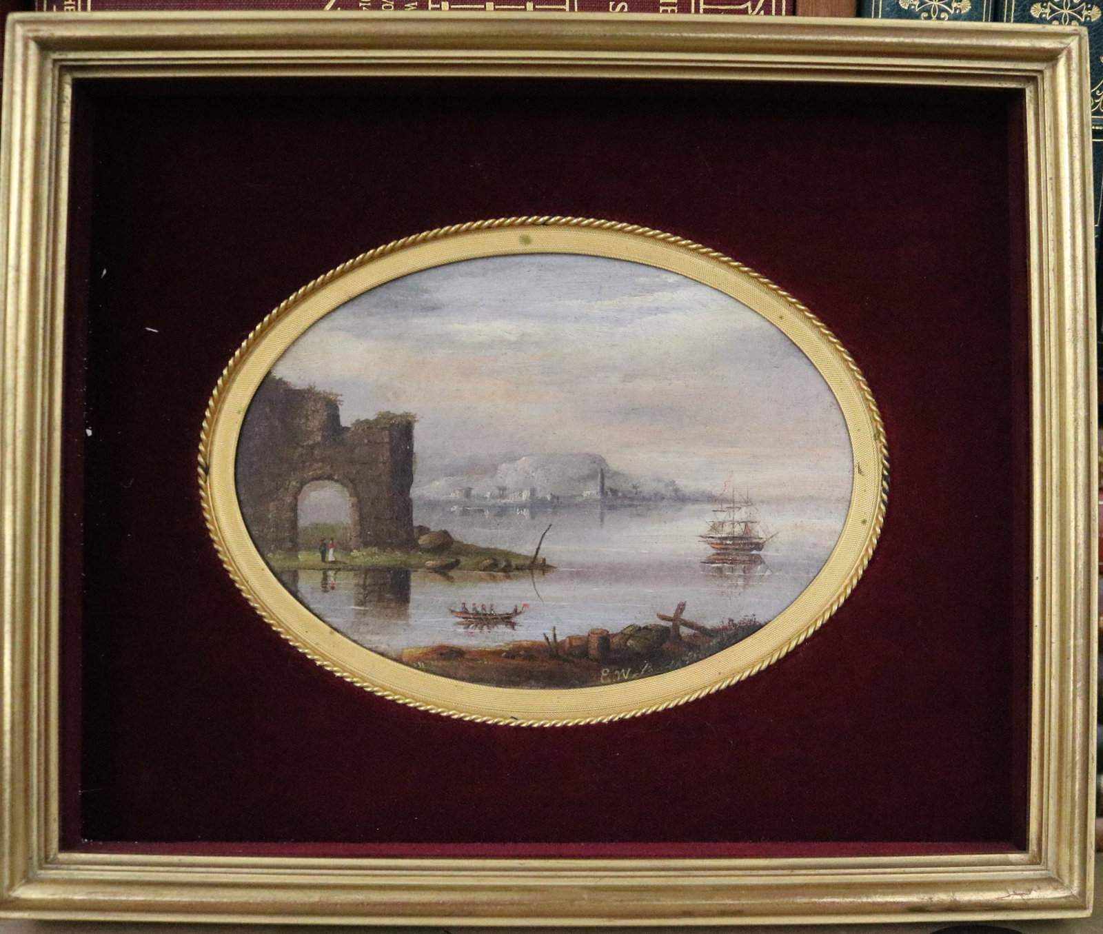 ITALIAN SCHOOL (19th century). Ruined Archway on the Shore, with Ships at Anchor, Oil on board, 5 x (1 of 1)