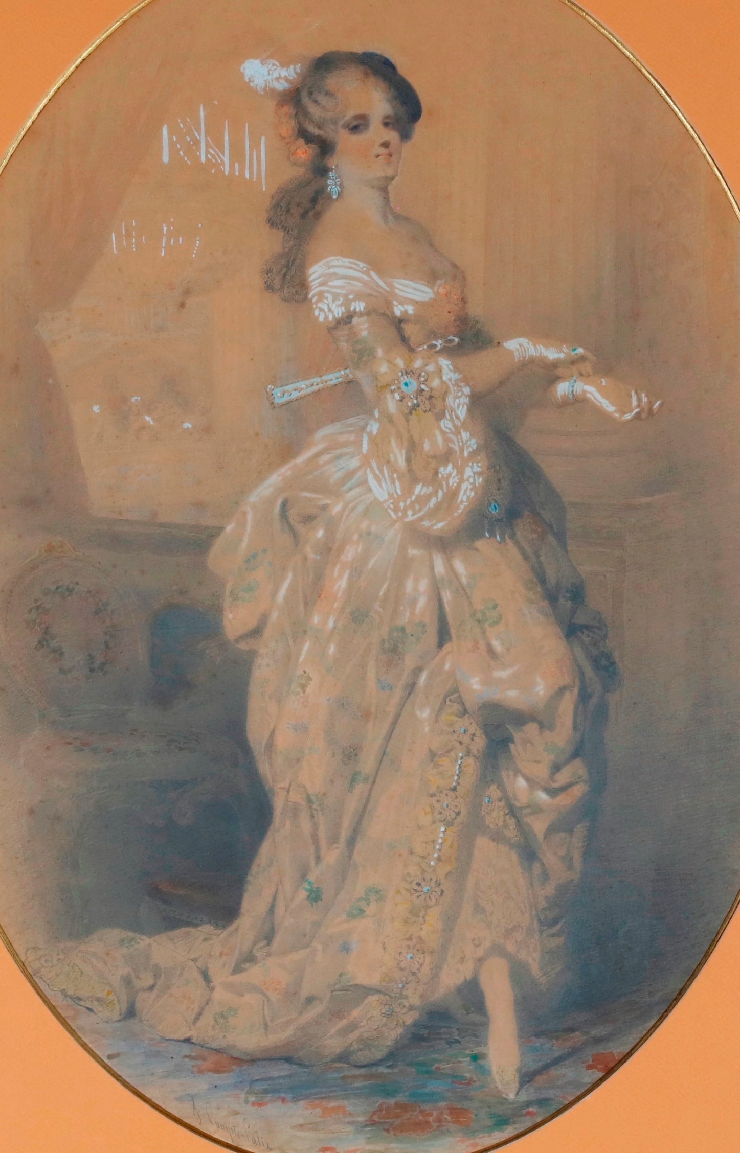 FRANCOIS-CLAUDIUS COMPTE-CALIX (French, 1813-1880). Elegant Lady in Rococo Attire, Mixed media on: FRANCOIS-CLAUDIUS COMPTE-CALIX French, 1813-1880 Elegant Lady in Rococo Attire Mixed media on paper: watercolor, gouache, pencil Framed artwork, signed at base, features a full-length portrait of a wo