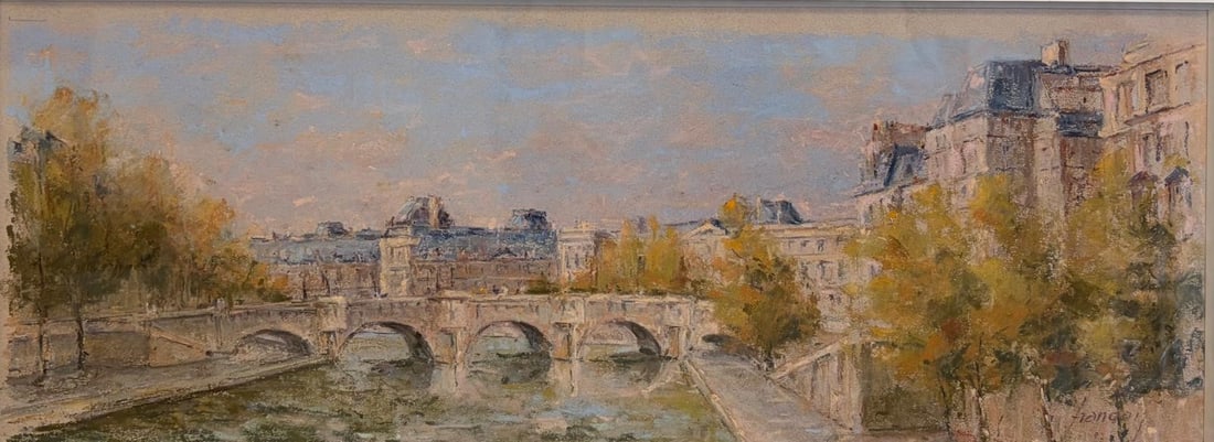 FRENCH SCHOOL (20th century). Le Pont Neuf et la Seine, Pastel, 6.5 x 17.5 inches; frame: 23 x 24: FRENCH SCHOOL 20th century Le Pont Neuf et la Seine Pastel Signed 'FRANCOIS" lower right. Impressionist-style pastel depicting a classic Parisian riverside scene along the Seine. The multi-arched Le P