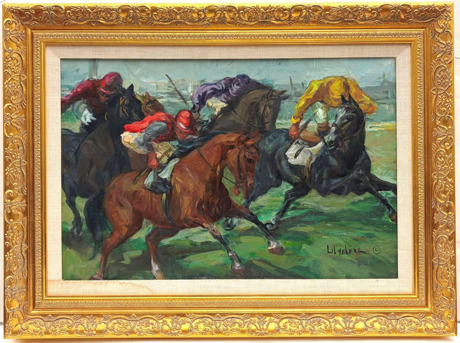 GENEVIEVE LILJEBERG (American, 20th century). The Home Stretch: Jockeys in Full Gallop, Oil on: GENEVIEVE LILJEBERG American, 20th century The Home Stretch: Jockeys in Full Gallop Oil on canvas A signed (lower right) oil on canvas depicting a dynamic, close-quarters horse race with vibrantly cla