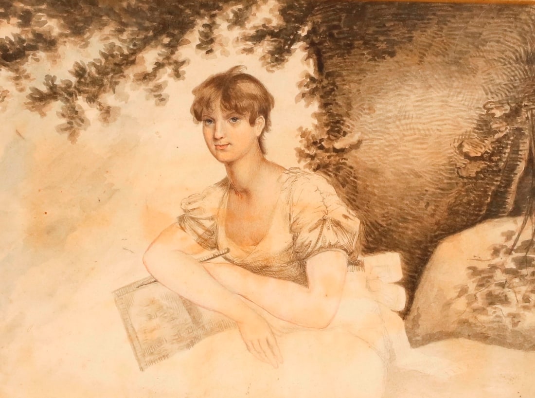 ENGLISH SCHOOL, (early 19th century). Portrait of a Young Woman Seated in a Landscape, Mixed media:: ENGLISH SCHOOL, early 19th century Portrait of a Young Woman Seated in a Landscape Mixed media: watercolor and pencil Watercolor and pencil portrait depicting a young woman with short, tousled brown h
