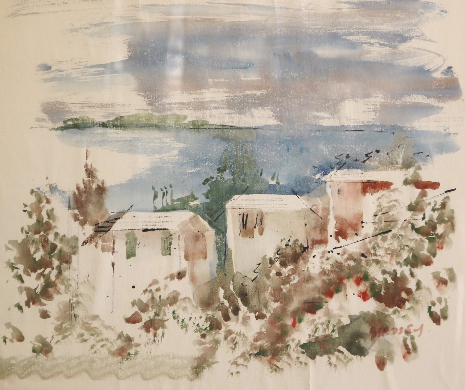 ALFRED BIRDSEY (English-born / Bermudian, 1912 - 1996). Hillside Cottages Overlooking the Sound,: ALFRED BIRDSEY English-born / Bermudian, 1912 - 1996 Hillside Cottages Overlooking the Sound watercolor Impressionistic watercolor depicting a coastal or lakeside village scene. In the foreground, sev