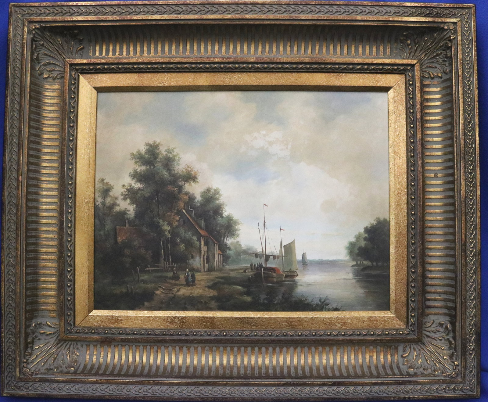 DUTCH-STYLE SCHOOL RIVER LANDSCAPE WITH COTTAGE, FIGURES, AND SAILING BARGES 20th century - 11.5 x (1 of 12)