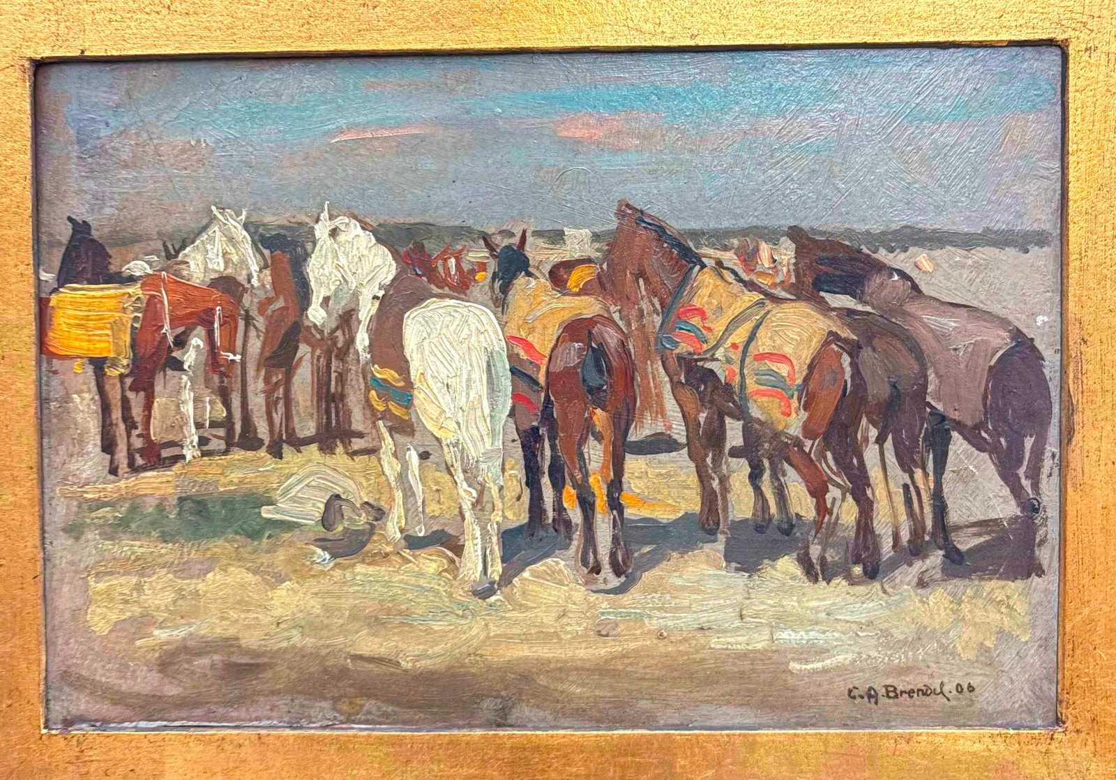 CARL ALEXANDER BRENDEL (German, 1877-1945). Horses at Rest, 1906, Oil on canvas-board, 7 x 10.5: CARL ALEXANDER BRENDEL German, 1877-1945 Horses at Rest, 1906 Oil on canvas-board Signed and dated "C.A. Brendel '06" at lower right, this oil study depicts a herd of horses and mules standing in loos