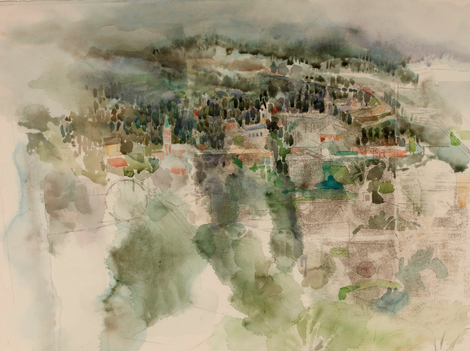 EVE MENES (Belgium-born, Israeli, 20th century). Hillside Village, circa 1986, Watercolor, 21.5 x 19: EVE MENES Belgium-born, Israeli, 20th century Hillside Village, circa 1986 Watercolor Watercolor rendered in soft, overlapping washes of sage green, gray, and pale earth tones, depicting a cluster of 