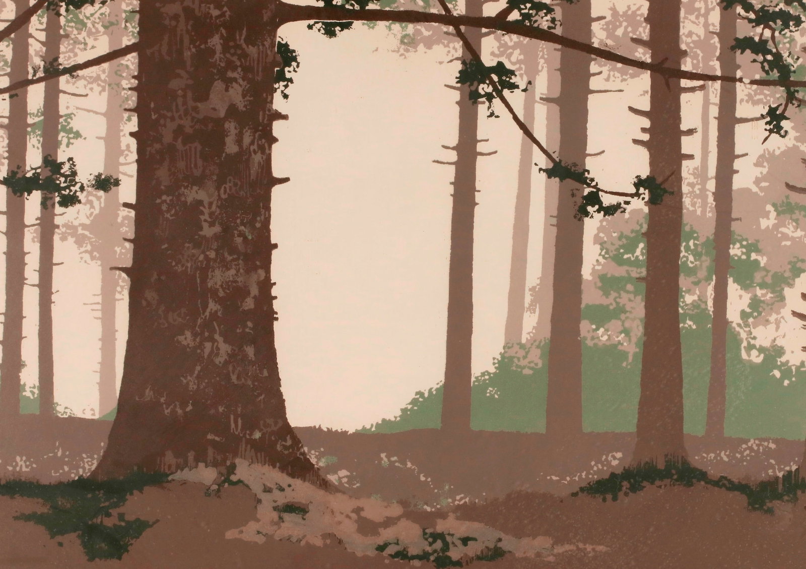 DOROTHY ROBINSON VANOUS (American, 20th century). Foggy Mornings, Silkscreen, 14 x 20 inches; frame:: DOROTHY ROBINSON VANOUS American, 20th century Foggy Mornings Silkscreen print depicting a serene forest interior, rendered in flat, overlapping planes of muted greens and browns. The foreground is an