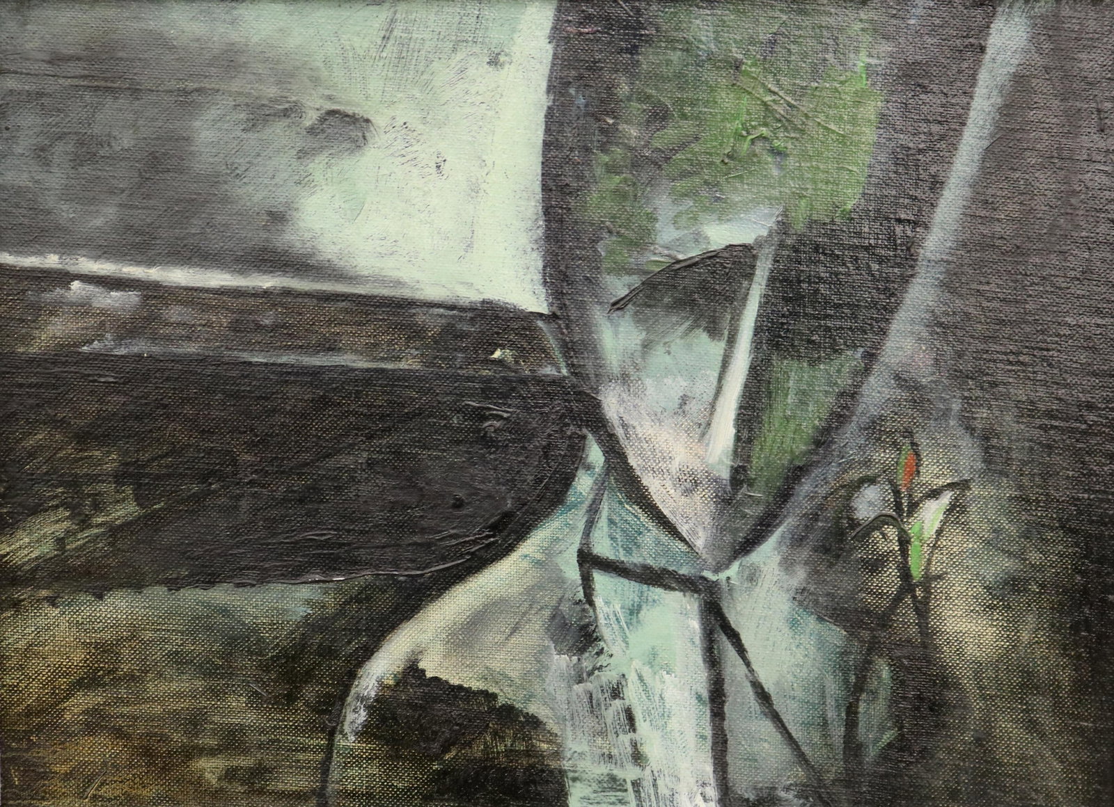AMERICAN SCHOOL (20th century). Fragmented Forms in Grey and Green, Oil on board, 8 x 12 inches: AMERICAN SCHOOL 20th century Fragmented Forms in Grey and Green Oil on board This semi-abstract oil painting is dominated by bold, angular shapes in dark charcoal, white, and muted green, with interse