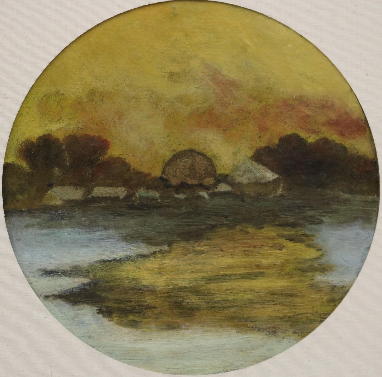 AMERICAN SCHOOL (20th century). Golden Sunset Over the River, Oil on board, Diameter: AMERICAN SCHOOL 20th century Golden Sunset Over the River Oil on board Tondo (circular) oil painting depicts a moody riverside scene at dusk, with a glowing golden-yellow sky with deep reds and orange