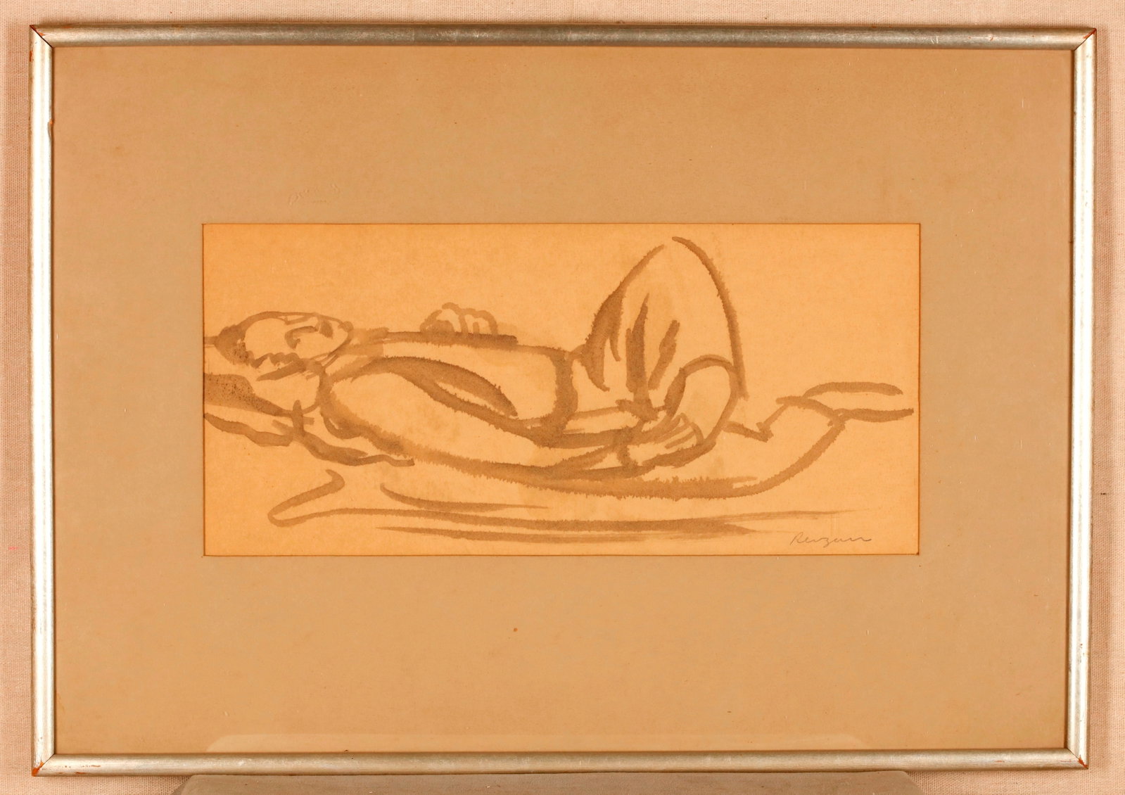 AMERICAN SCHOOL (20th century). Reclining Nude, Ink on paper, Sight (as matted): 7 x 16 inches;: AMERICAN SCHOOL 20th century Reclining Nude Ink on paper Minimalist ink or brush drawing rendered in loose, gestural lines, depicting a reclining nude figure with her arm raised behind her head. The w