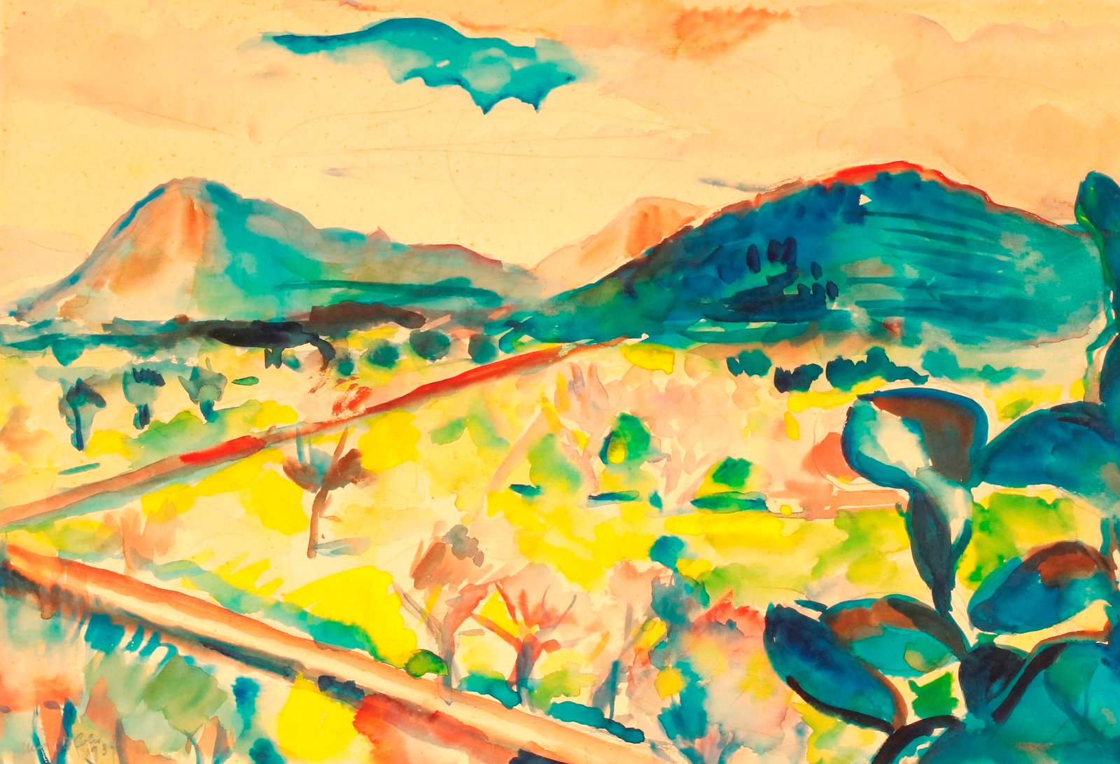MARY DRAKE COLES (American, 1903-1998). Landscape with Cactus, 1934, Watercolor, Sight (as matted): (1 of 3)