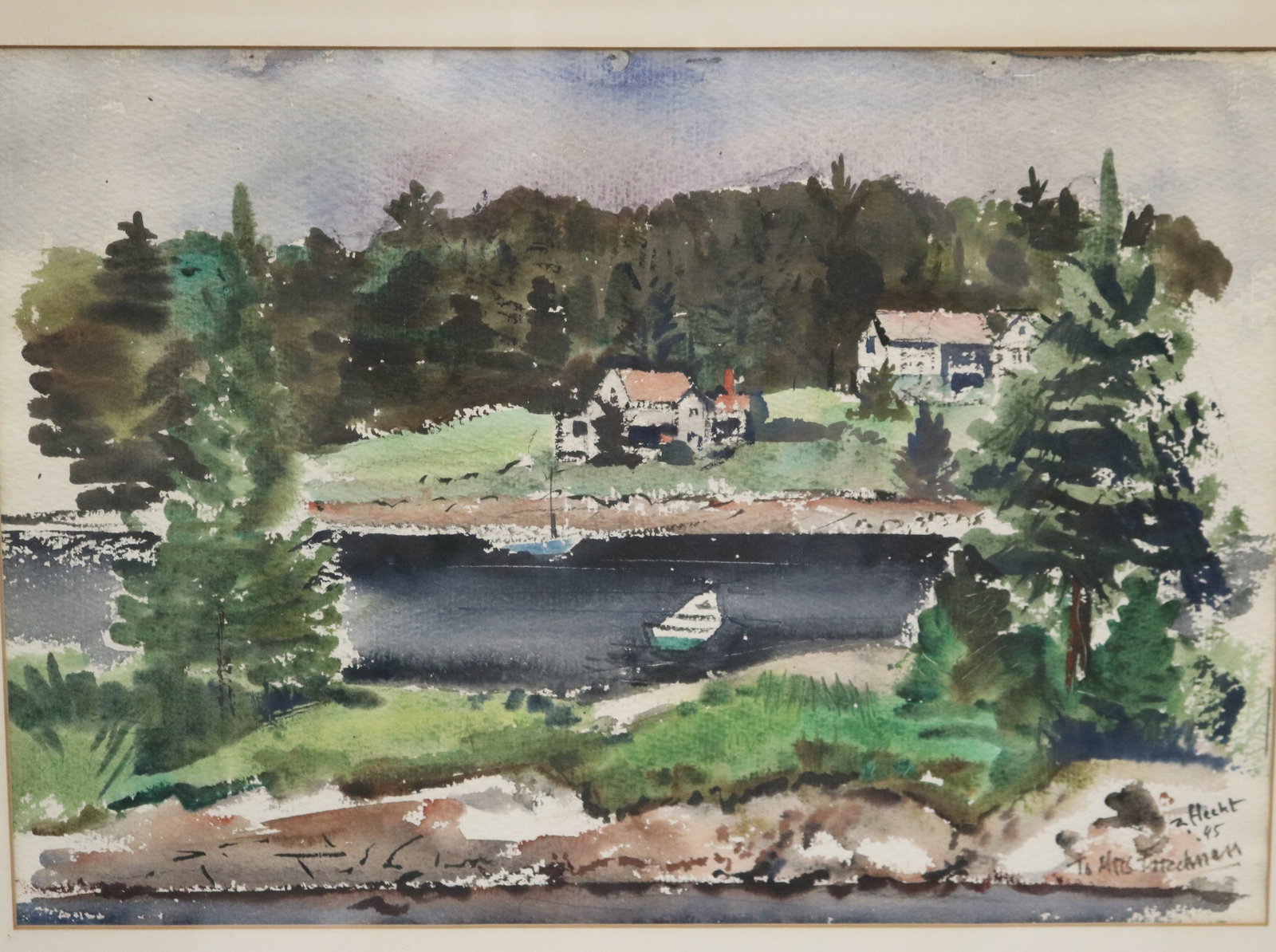 ZOLTAN HECHT (Hungarian / American, 1890-1968). Tranquil Harbor Scene, 1945, Watercolor, Sight (as: ZOLTAN HECHT Hungarian / American, 1890-1968 Tranquil Harbor Scene, 1945 Watercolor Landscape depicting a tranquil harbor scene, with a small cluster of white clapboard houses nestled among dense ever