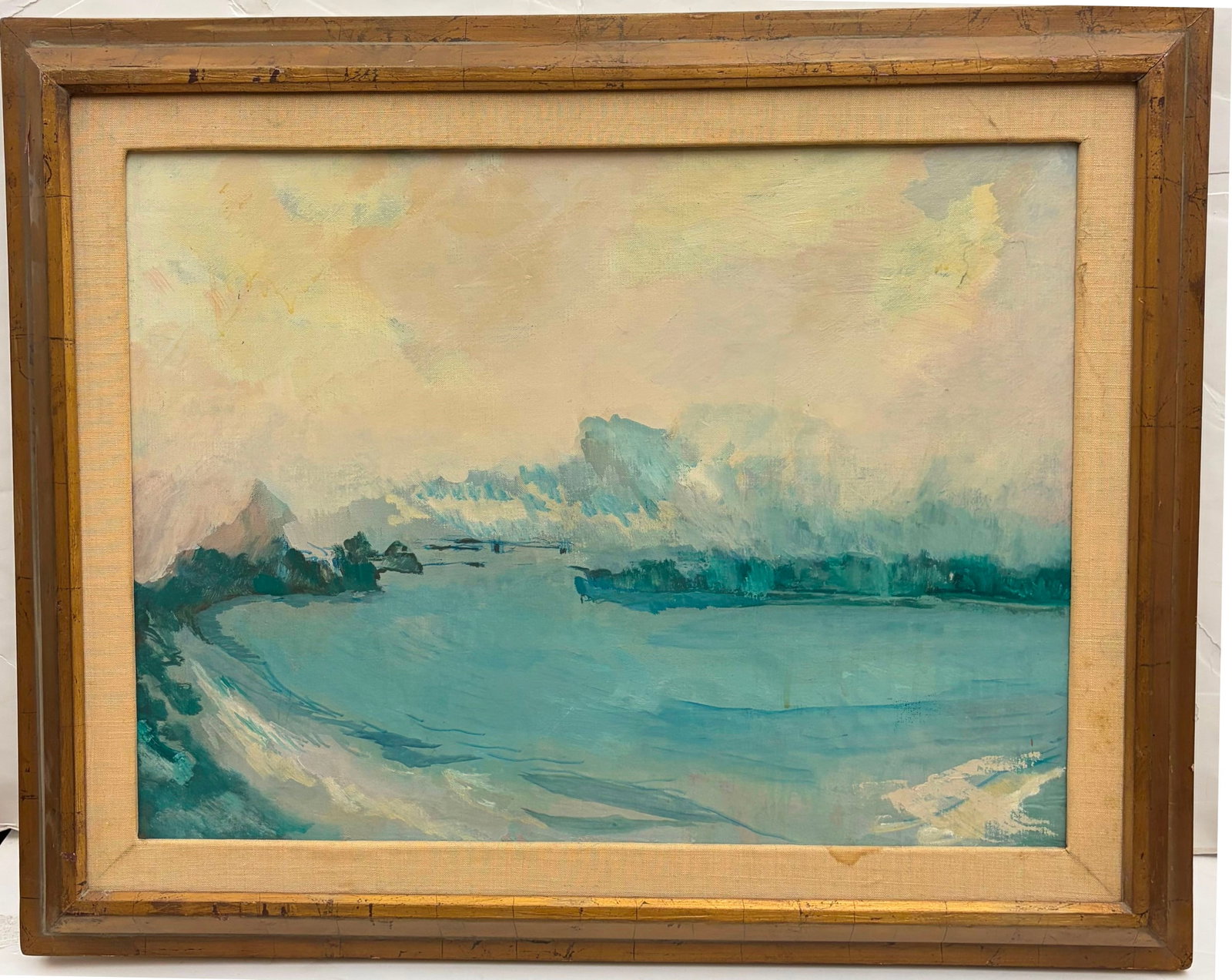 JOSEPH G. COHEN (American, 20th century). Cortes, Florida, circa 1966, Oil on canvas, 18 x 24 inches: JOSEPH G. COHEN American, 20th century Cortes, Florida, circa 1966 Oil on canvas Coastal landscape painting rendered in soft, atmospheric hues of blue, green, and cream, depicting a tranquil shoreline