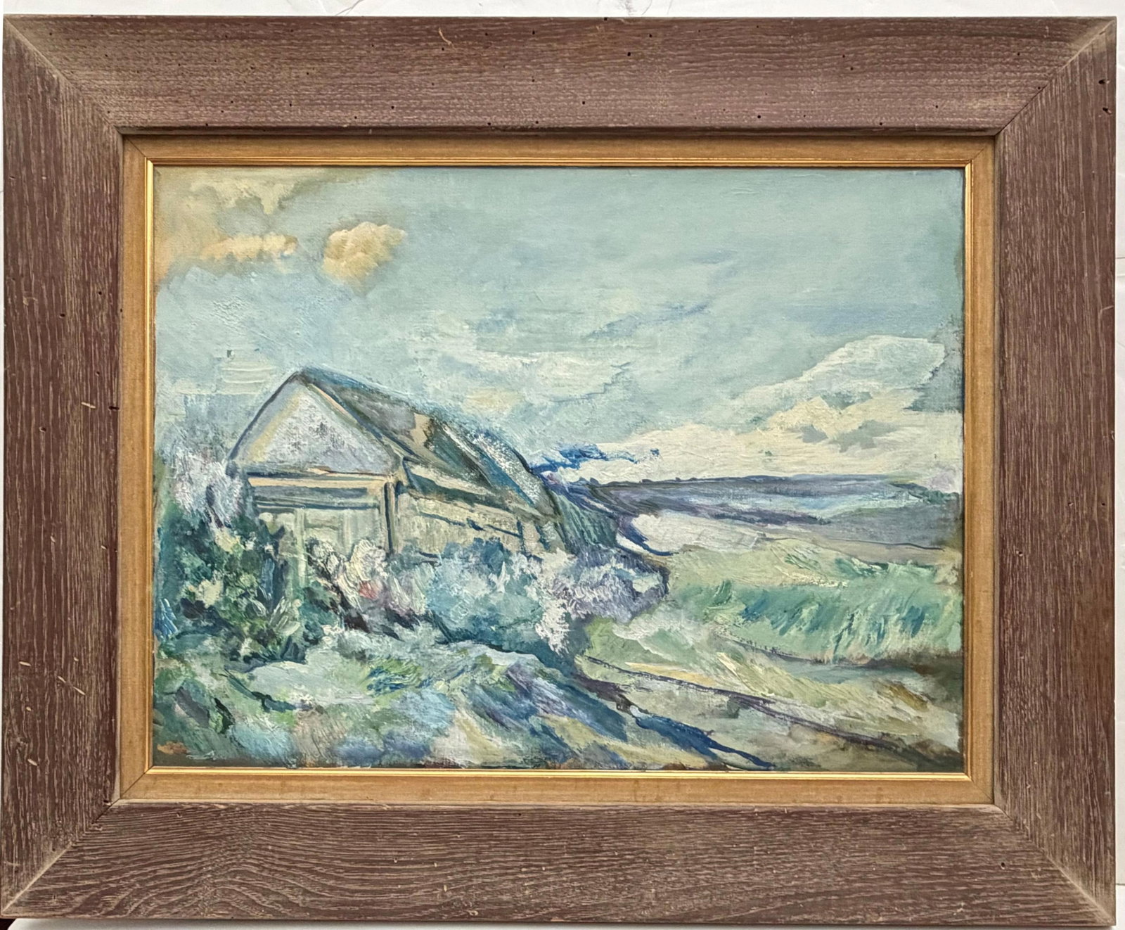 JOSEPH G. COHEN (American, 20th century). Coastal Cottage Landscape, 1963, Oil on canvas, 18 x 24: JOSEPH G. COHEN American, 20th century Coastal Cottage Landscape, 1963 Oil on canvas Verso signed and dated. Landscape painting depicts a weathered thatched-roof cottage nestled amid dunes with a view