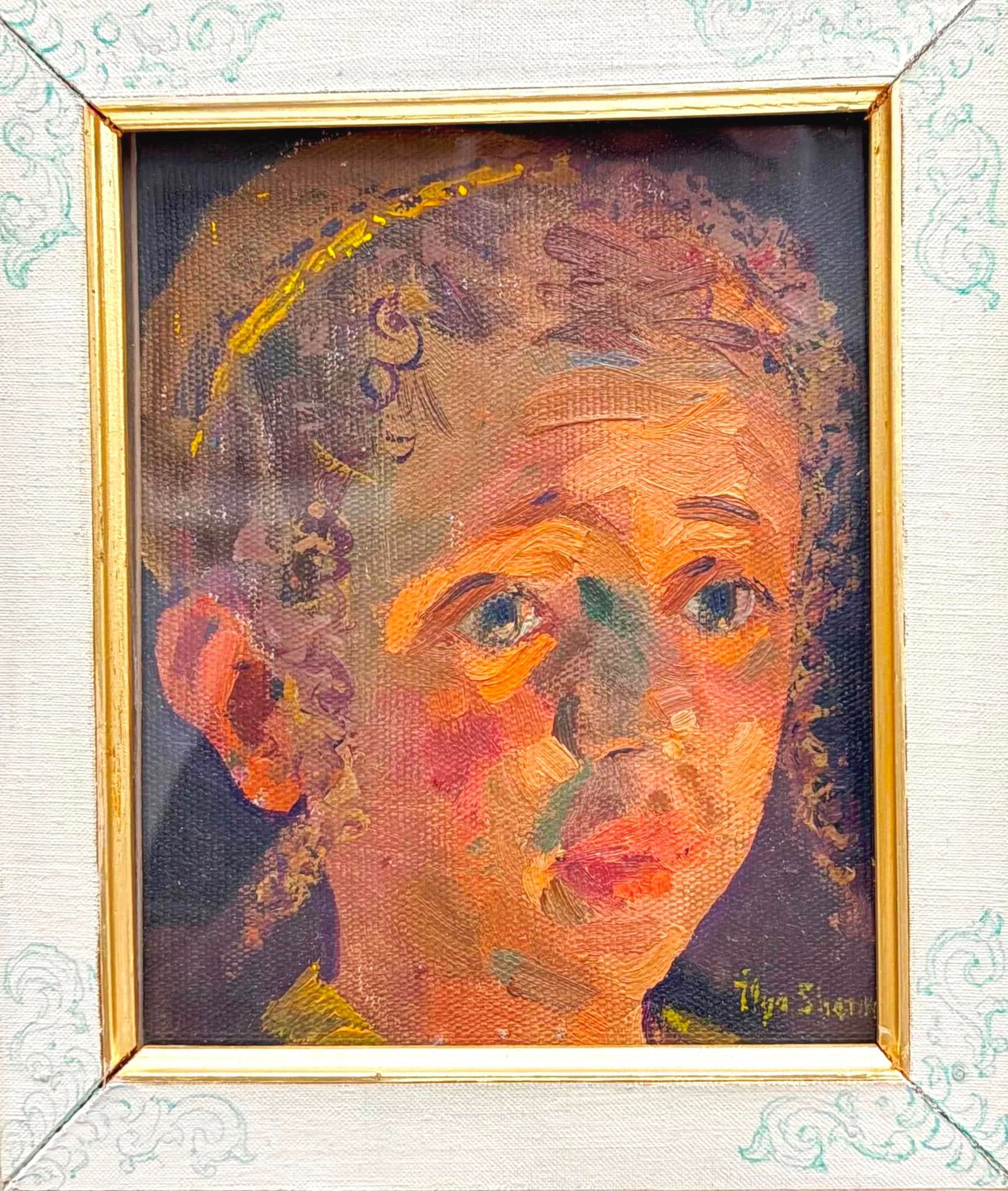 ILYA SHENKER (Ukrainian - American, 1920-2013). Little Boy, Oil on canvas-board, 7 x 5.5 inches;: ILYA SHENKER Ukrainian - American, 1920-2013 Little Boy Oil on canvas-board Signed lower right; verso titled. Expressive oil portrait depicts a young boy with tousled curls rendered in a warm, vibrant