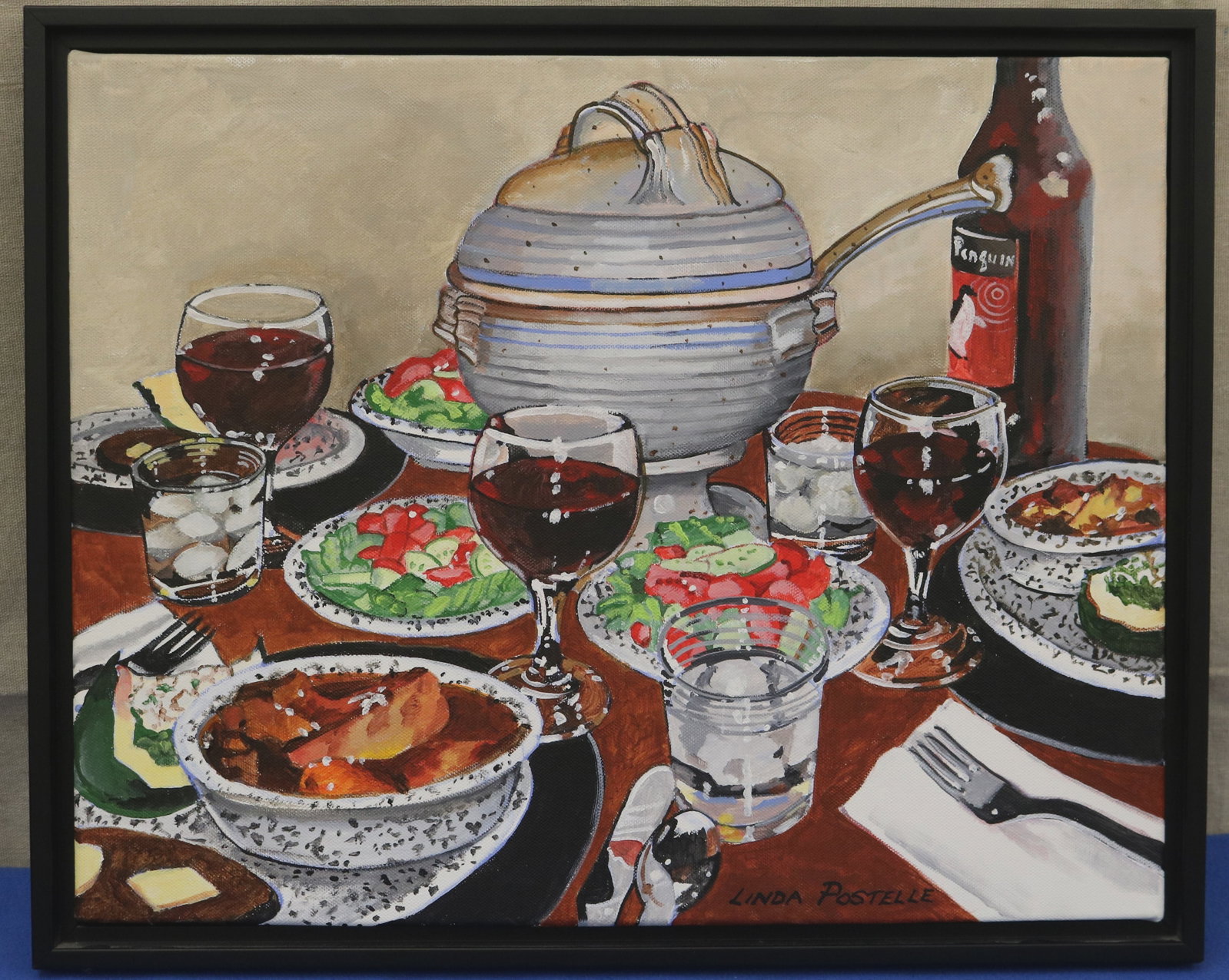 LINDA POSTELLE (American, 1937-2013). Beef Stew: Still Life with Wine and Table Setting, Acrylic on (1 of 10)