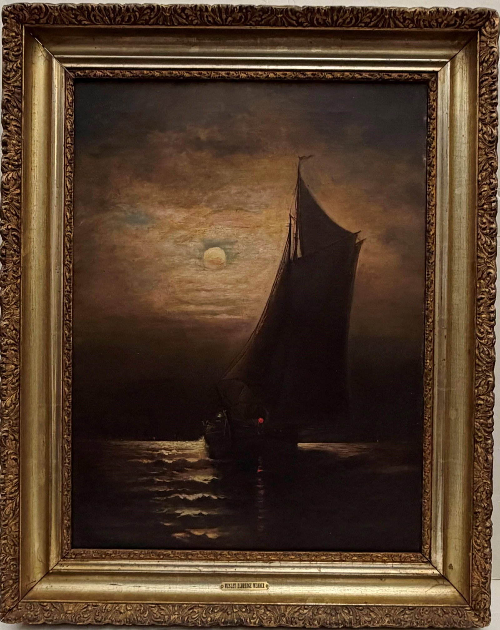 WESLEY ELBRIDGE WEBBER (ATTRIBUTED) (American, 1841 - 1914). Sailing Vessel on a Calm Night Sea, Oil (1 of 12)