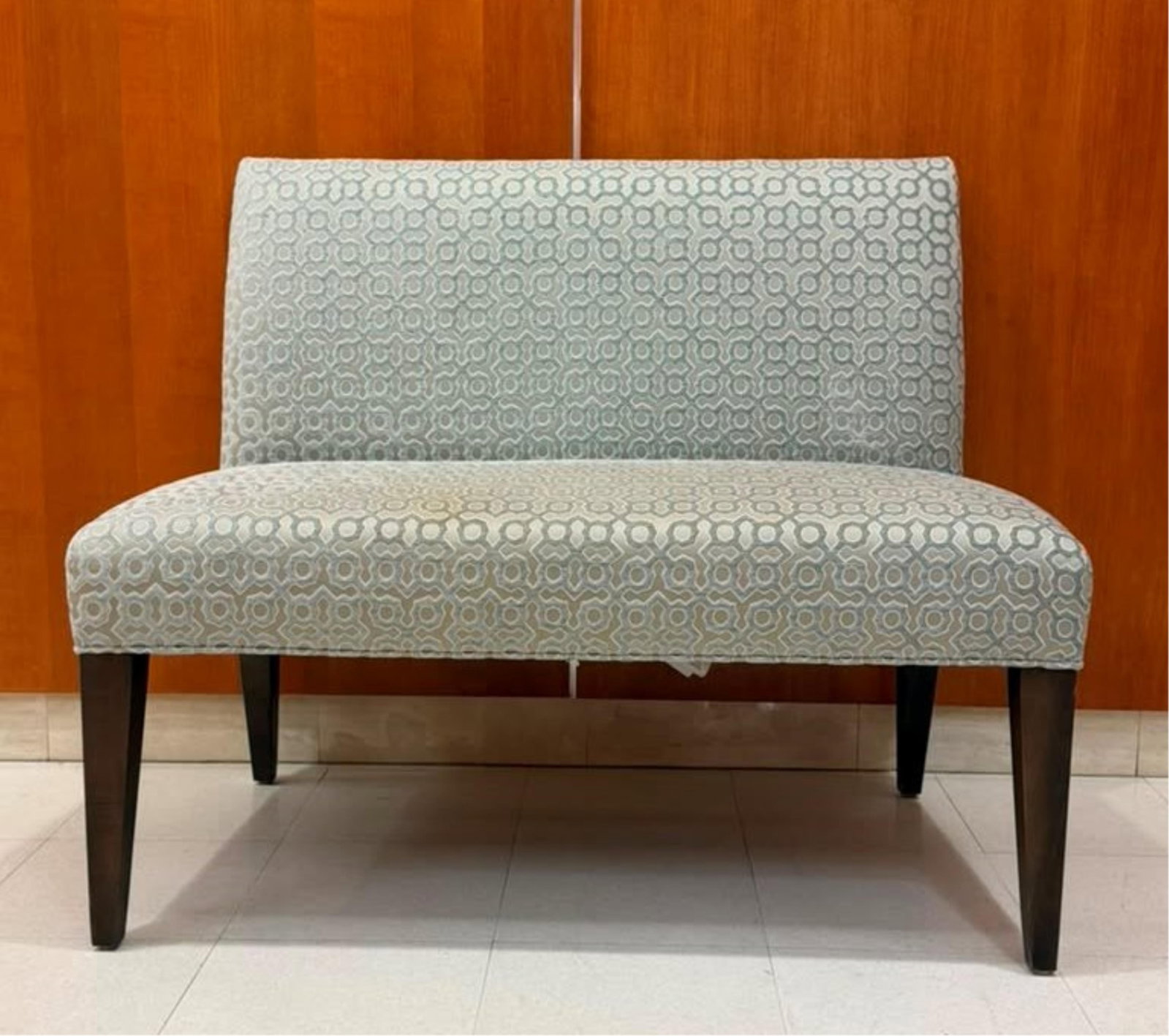 CONTEMPORARY BANQUETTE BENCH WITH GEOMETRIC PATTERN PALE BLUE AND NEUTRAL UPHOLSTERY - H: 35 in.; W: (1 of 9)