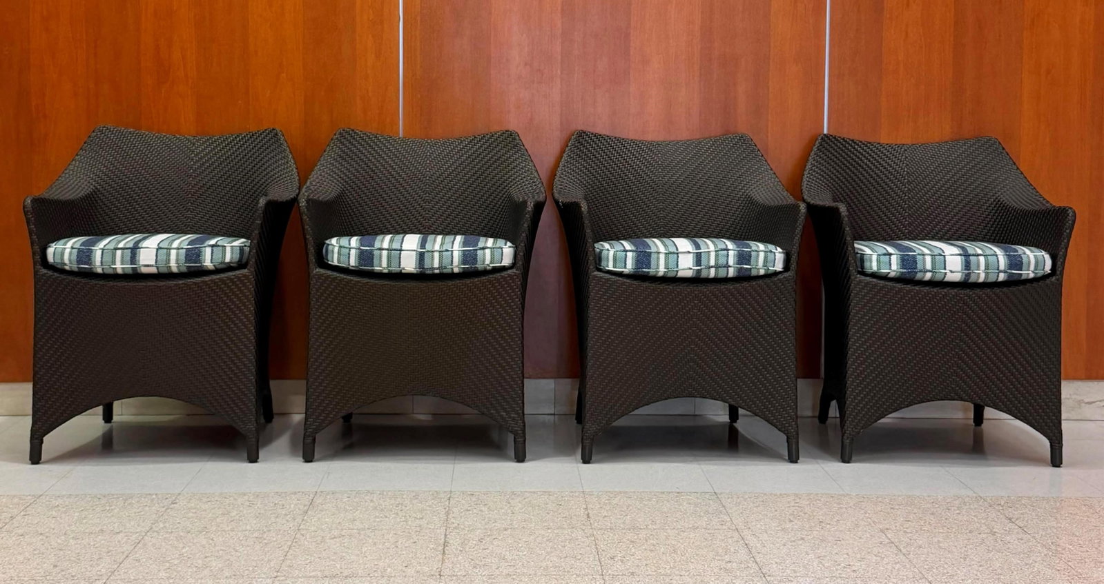 SET FOUR CONTEMPORARY BLACK ALL-WEATHER WOVEN PORCH CHAIRS Retailed by Janus et Cie - . (1 of 7)