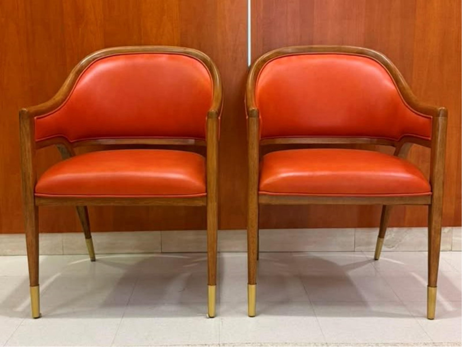 PAIR WALNUT BARREL-BACK OPEN-ARM CHAIRS WITH ORANGE LEATHER UPHOLSTERED BACK PANELS AND SEATS mid (1 of 7)