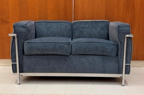 PAIR CORBUSIER-STYLE CHROME-FRAMED LOVESEATS WITH MEDIUM BLUE PLUSH FABRIC UPHOLSTERED CUSHIONS - W: (1 of 8)