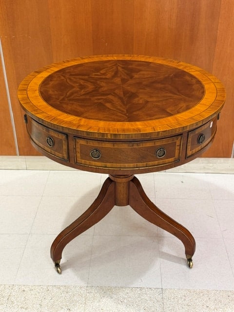 REGENCY STYLE MAHOGANY PEDESTAL BASE DRUM TABLE WITH GOLD-TOOLED BROWN LEATHER-INSET TOP - H: 29 1/2 (1 of 5)