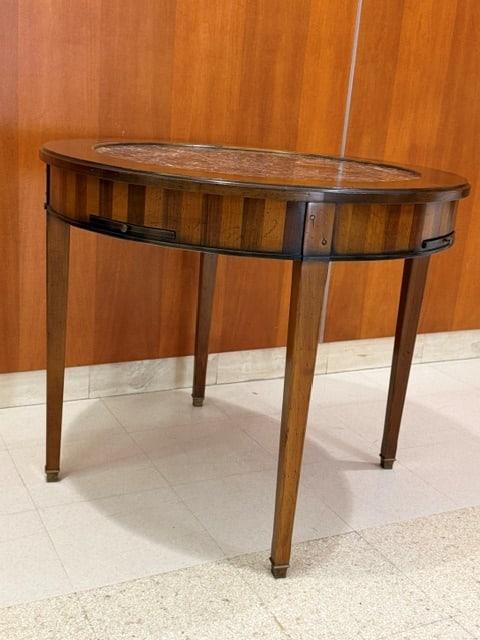 FRUITWOOD CIRCULAR-TOP CENTER TABLE WITH INSET MARBLE TOP - H: 29 1/4 in. Top, D: 35 in.. (1 of 8)