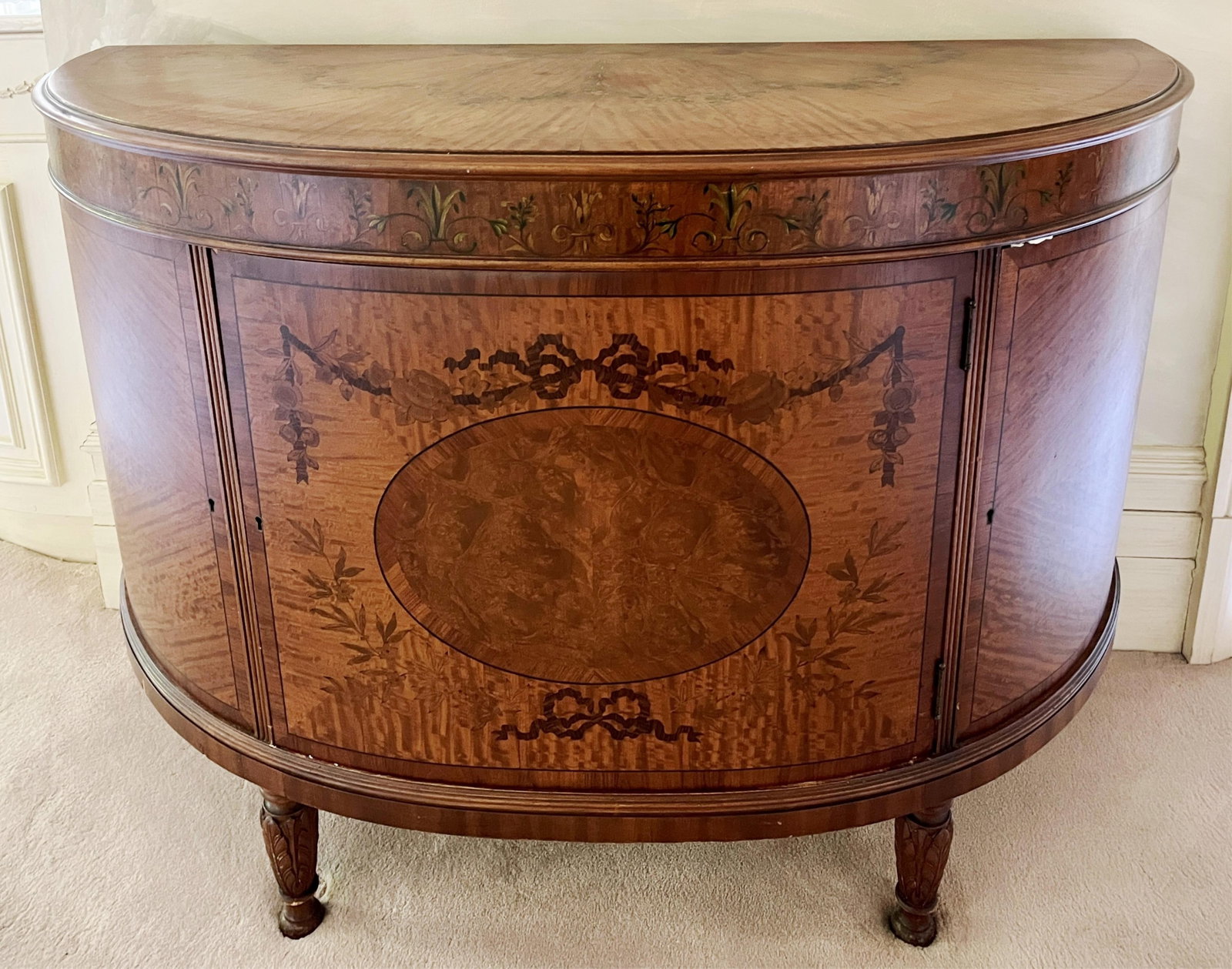 EDWARDIAN BOW-FRONT ADAM STYLE MARQUETRY-INLAID AND PAINTED THREE-DOOR DEMILUNE CABINET - H: 34 IN; (1 of 5)