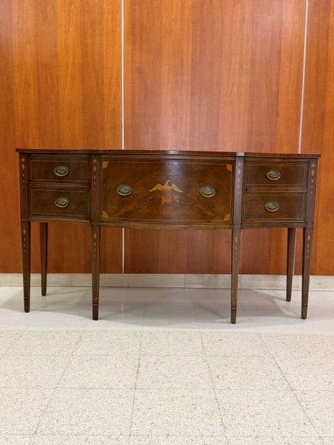 HEPPLEWHITE STYLE INLAID MAHOGANY, SERPENTINE-FRONT SIDEBOARD early 20th century - H: 37 in. W: 66 (1 of 10)