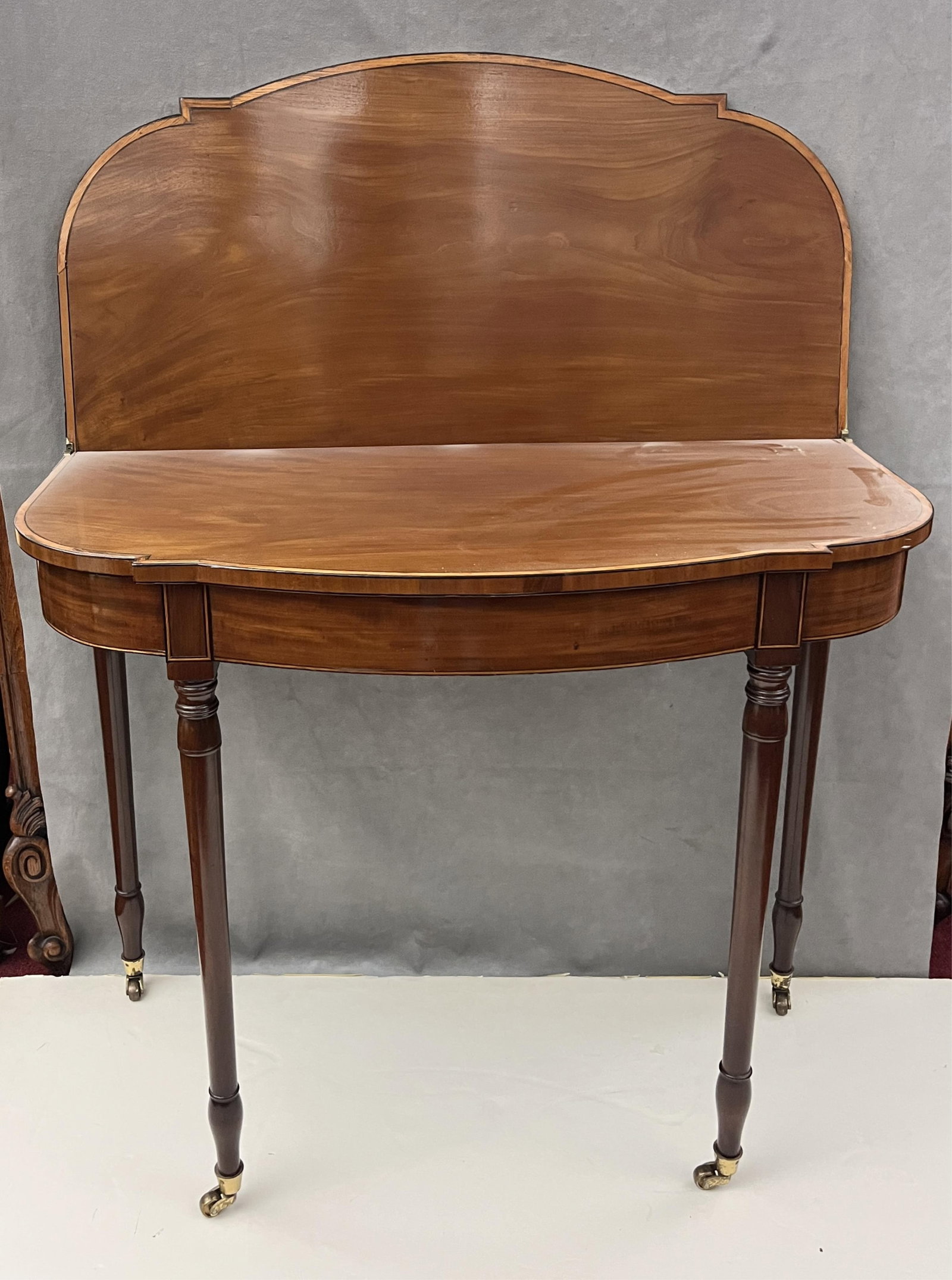 GEORGE III INLAID MAHOGANY FOLD-TOP GAMES TABLE - H: 30 1/2 in., with top folded; Top, 34 1/2 in. x (1 of 8)