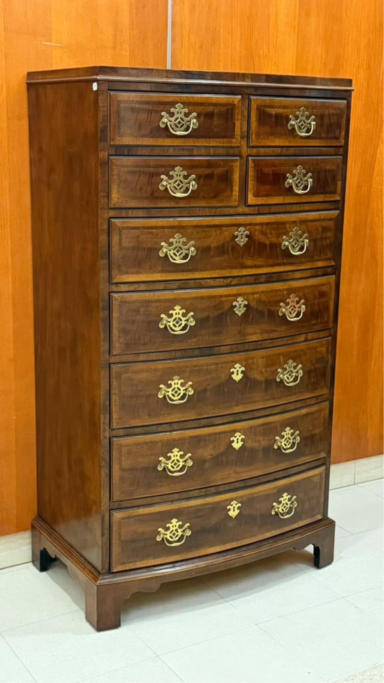 HENREDON GEORGIAN-STYLE MAHOGANY NINE-DRAWER, BOWFRONT TALL CHEST - H: 56 in. W: 32 1/2 in. D: 19 (1 of 7)