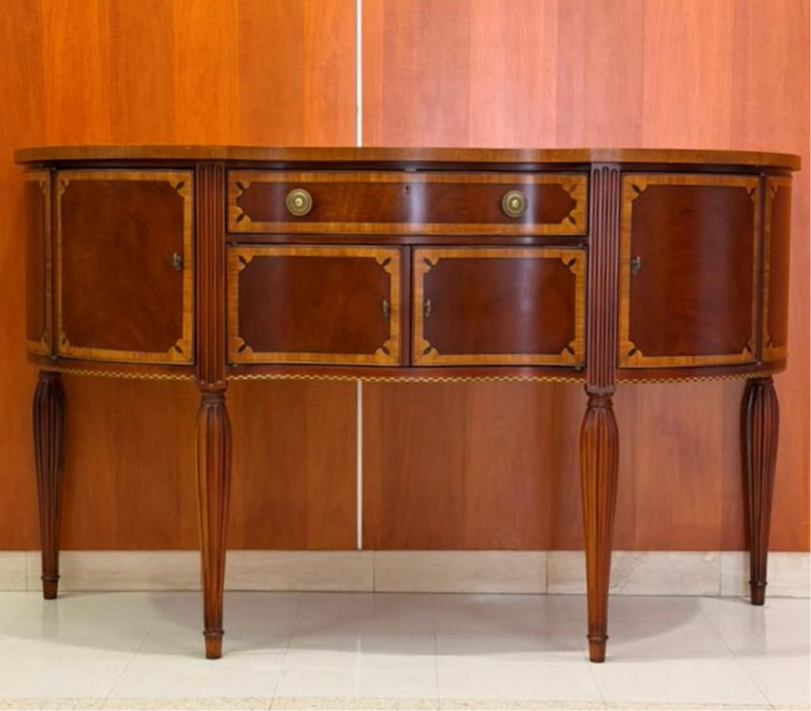 COUNCILL CRAFTSMAN SHERATON-STYLE SATINWOOD AND MAHOGANY SERPENTINE-FRONT STYLE DEMILUNE SIDEBOARD - (1 of 9)