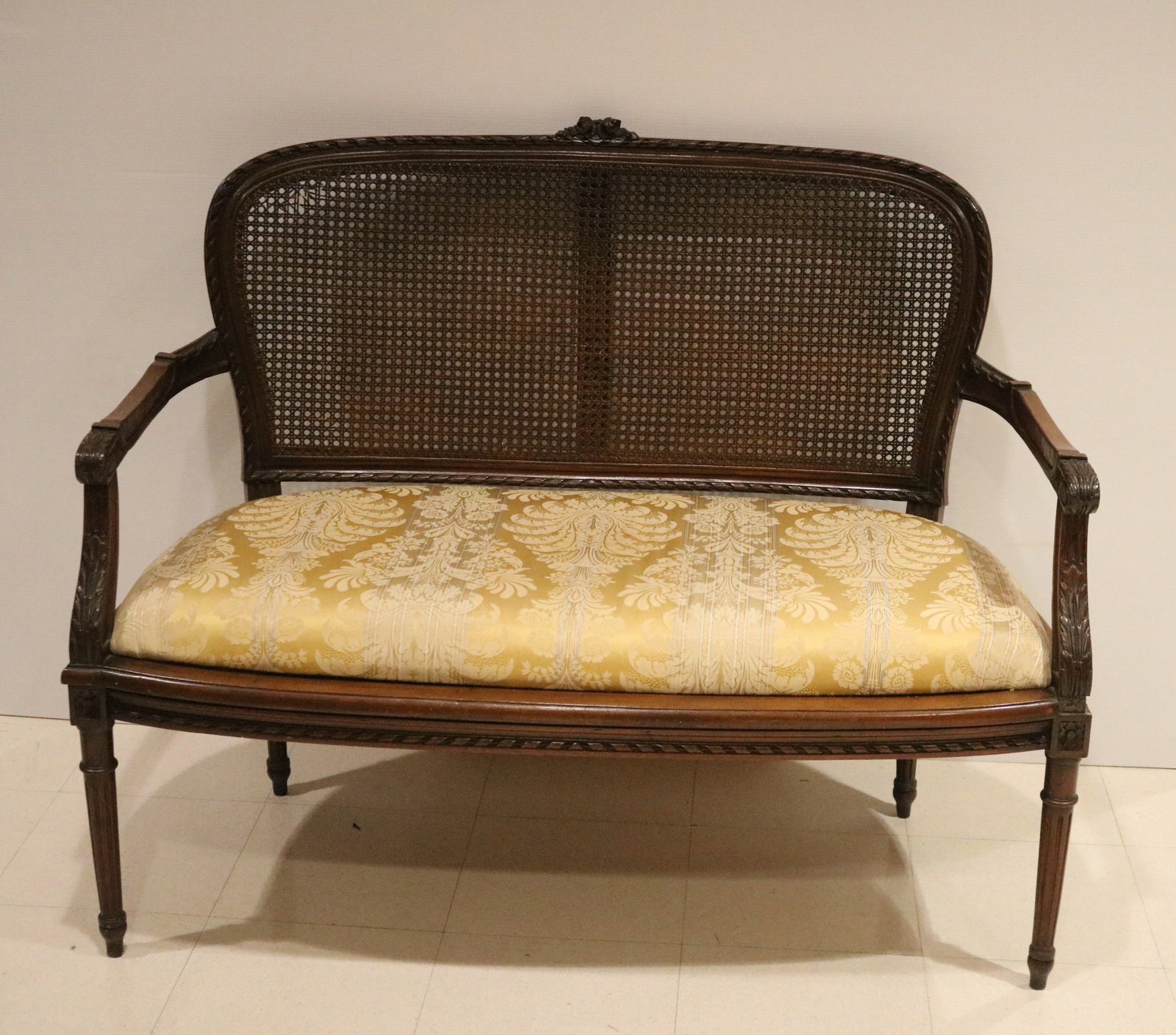 LOUIS XVI STYLE CANE-BACK, OPEN-ARM SETTEE - W: 45 3/8 in.. (1 of 6)