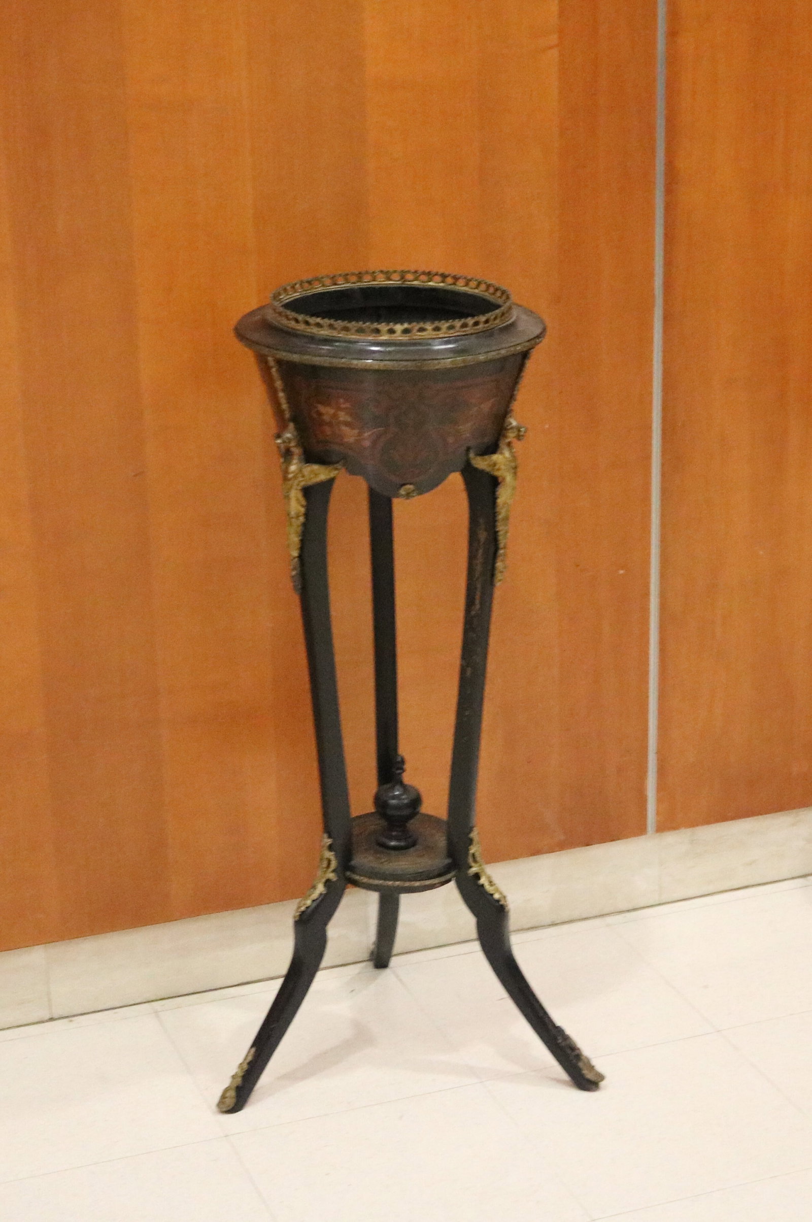 NAPOLEON III FLORAL MARQUETRY INLAID EBONIZED PLANTER - H: 35 in. Top, D: 12 3/4 in.. (1 of 6)