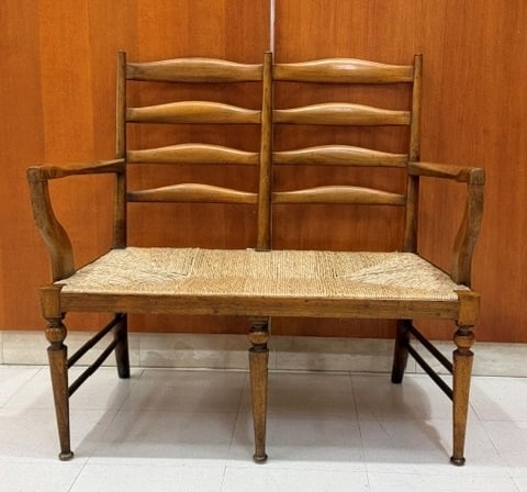 FRENCH PROVINCIAL OPEN-ARM BENCH WITH LADDER BACK AND RUSH SEAT - W: 40 1/2 in.. (1 of 4)