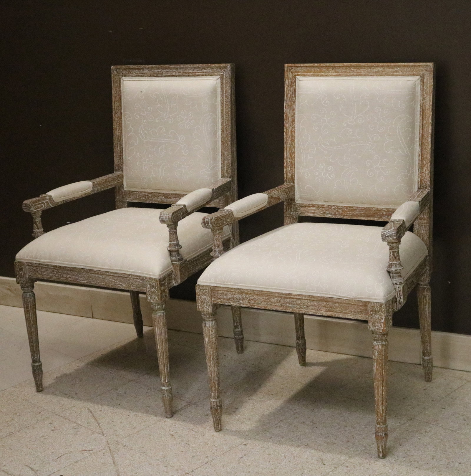 PAIR LOUIS XVI STYLE FAUTEUILS WITH CREAM COLOR PATTERNED FABRIC UPHOLSTERY - . (1 of 9)