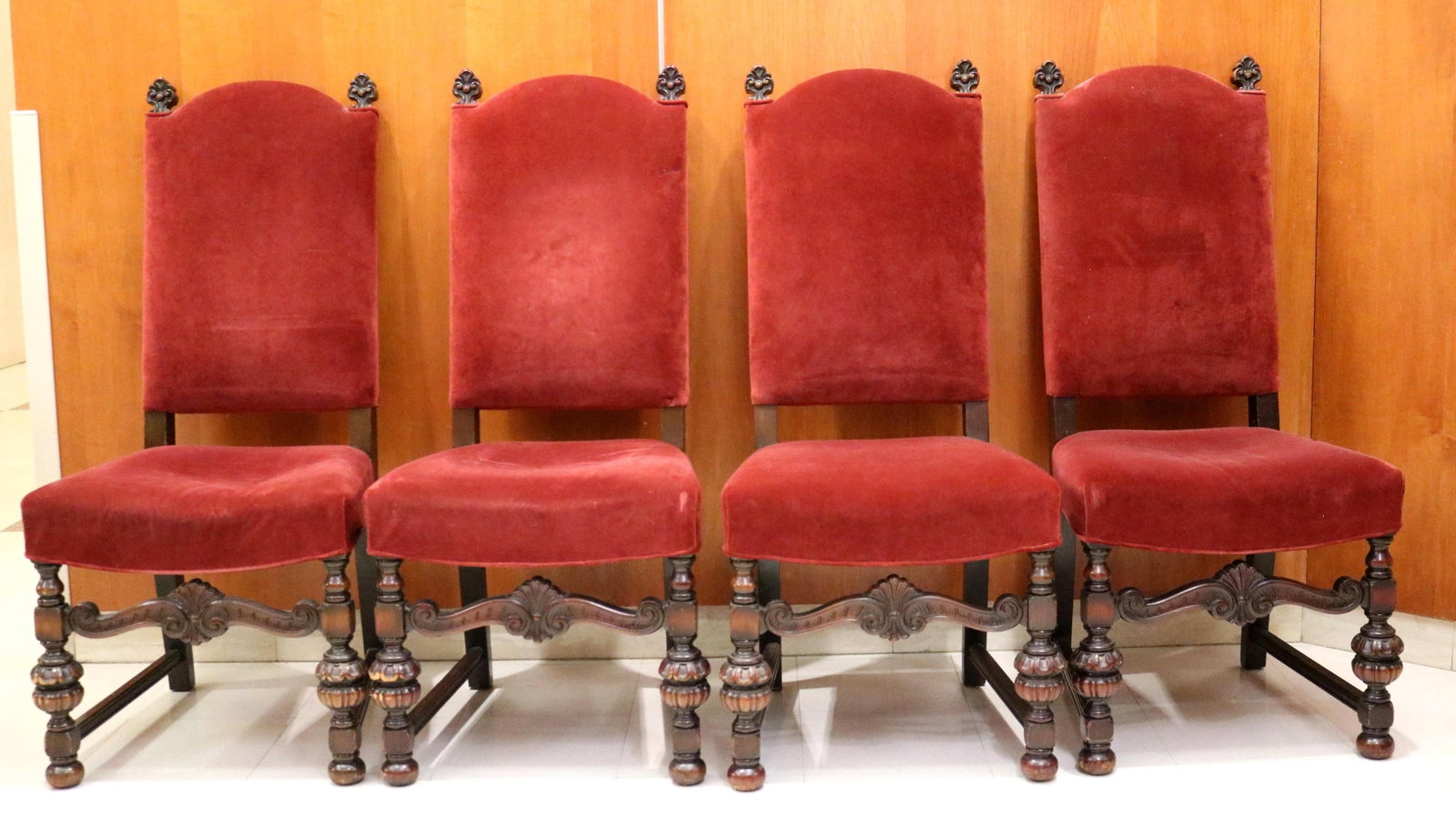 SET FOUR CARVED MAHAGONY SPANISH RENAISSANCE REVIVAL UPHOLSTERED SIDECHAIRS - . (1 of 13)