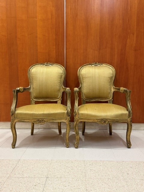 PAIR LOUIS XV STYLE CARVED AND GILT FAUTEUILS 19th century - . (1 of 7)