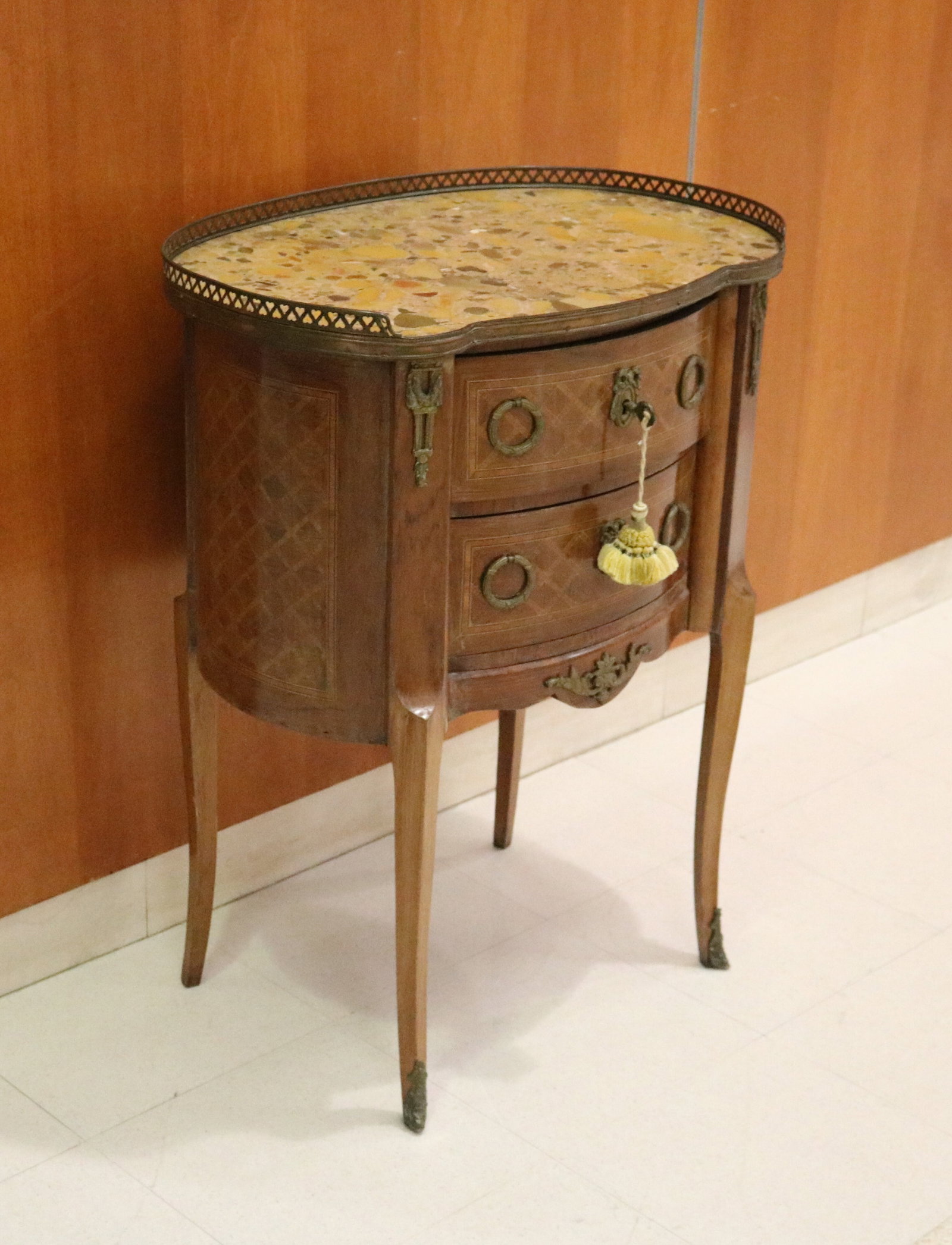 LOUIS XV-XVI STYLE PARQUETRY-INLAID TWO-DRAWER KIDNEY-SHAPE STAND WITH MARBLE TOP - H: 30 3/4 in.; (1 of 6)