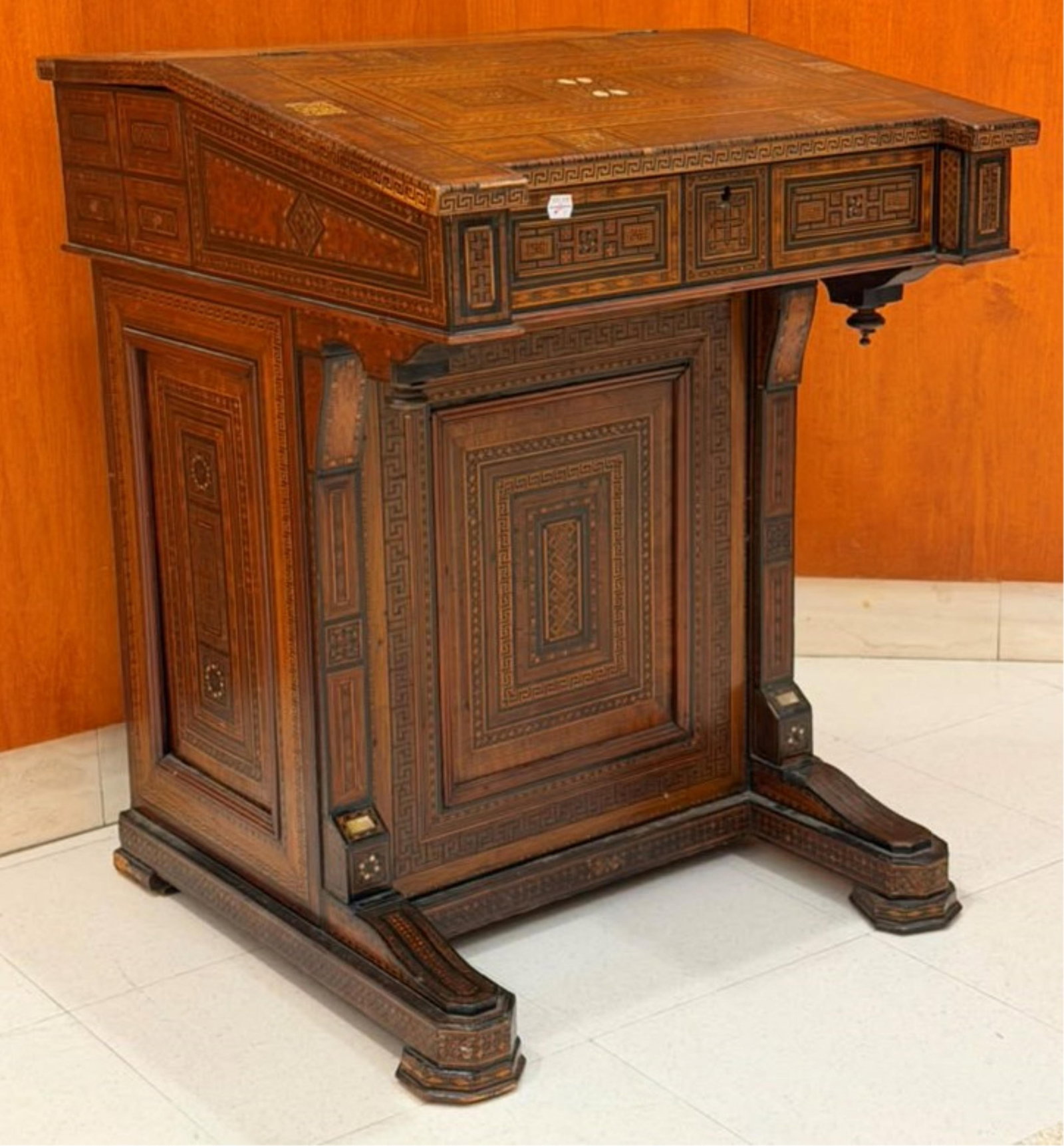MID-EASTERN GEOMETRIC MARQUETRY-INLAID DAVENPORT DESK - H: 29 1/2 in. W: 22 1/2 in. D: 24 1/4 in.. (1 of 11)