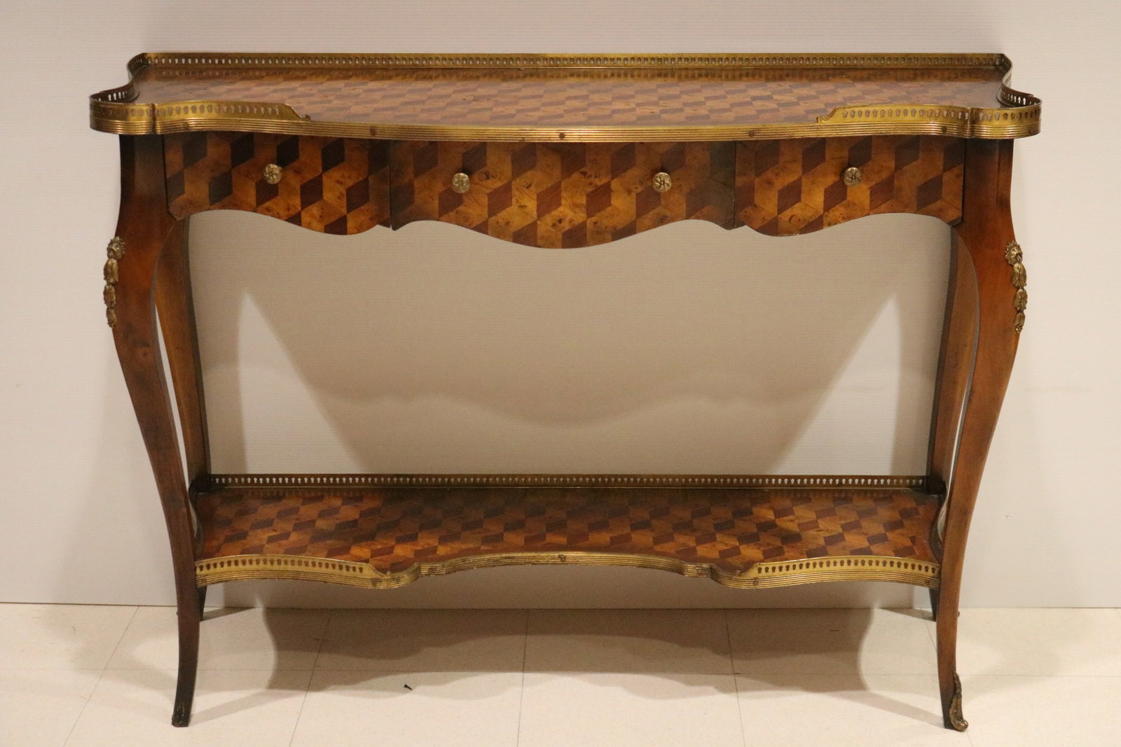 FRENCH-STYLE CUBE PARQUETRY INLAID SERVER/HALL TABLE - H: 33 1/2 in. W: 48 in. D: 17 1/2 in.. (1 of 7)