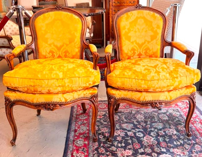 PAIR LOUIS XV-STYLE CARVED FRUITWOOD FAUTEUILS WITH TANGERINE COLOR DAMASK UPHOLSTERY - . (1 of 20)