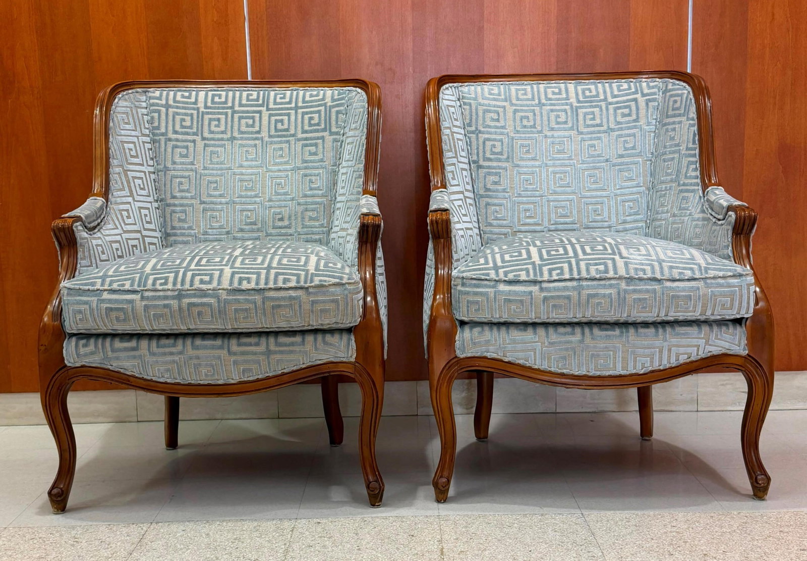 PAIR FRENCH PROVINCIAL LOUIS XV STYLE FRUITWOOD ARMCHAIRS WITH BLUE AND BEIGE TEXTURED FABRIC: PAIR FRENCH PROVINCIAL LOUIS XV STYLE FRUITWOOD ARMCHAIRS WITH BLUE AND BEIGE TEXTURED FABRIC UPHOLSTERY Molded frames continue to arms and cabriole legs