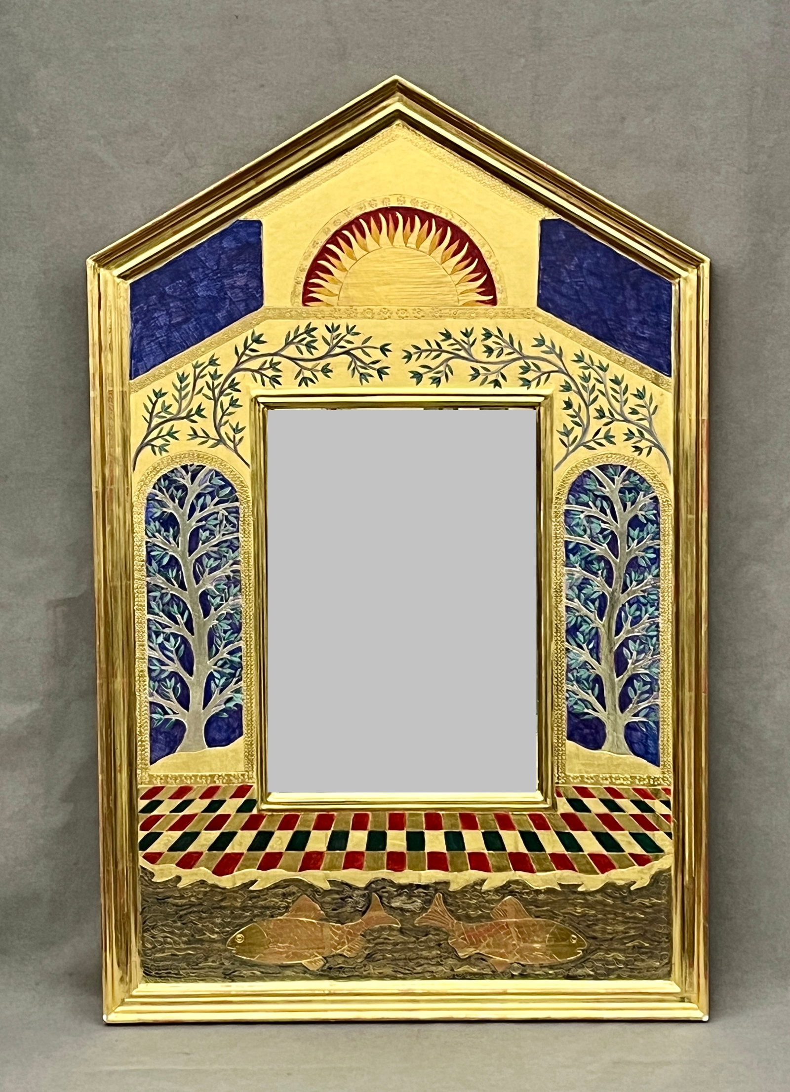HAND-CRAFTED, PAINTED AND GILDED MIRROR BY ARTISTS PAUL MONFREDO AND NANCY MCCORMICK - 31 1/2 in. x: HAND-CRAFTED, PAINTED AND GILDED MIRROR BY ARTISTS PAUL MONFREDO AND NANCY MCCORMICK Tree and checkered floor design. Vertical rectangular arched frame 31 1/2 in. x 20 3/8 in.