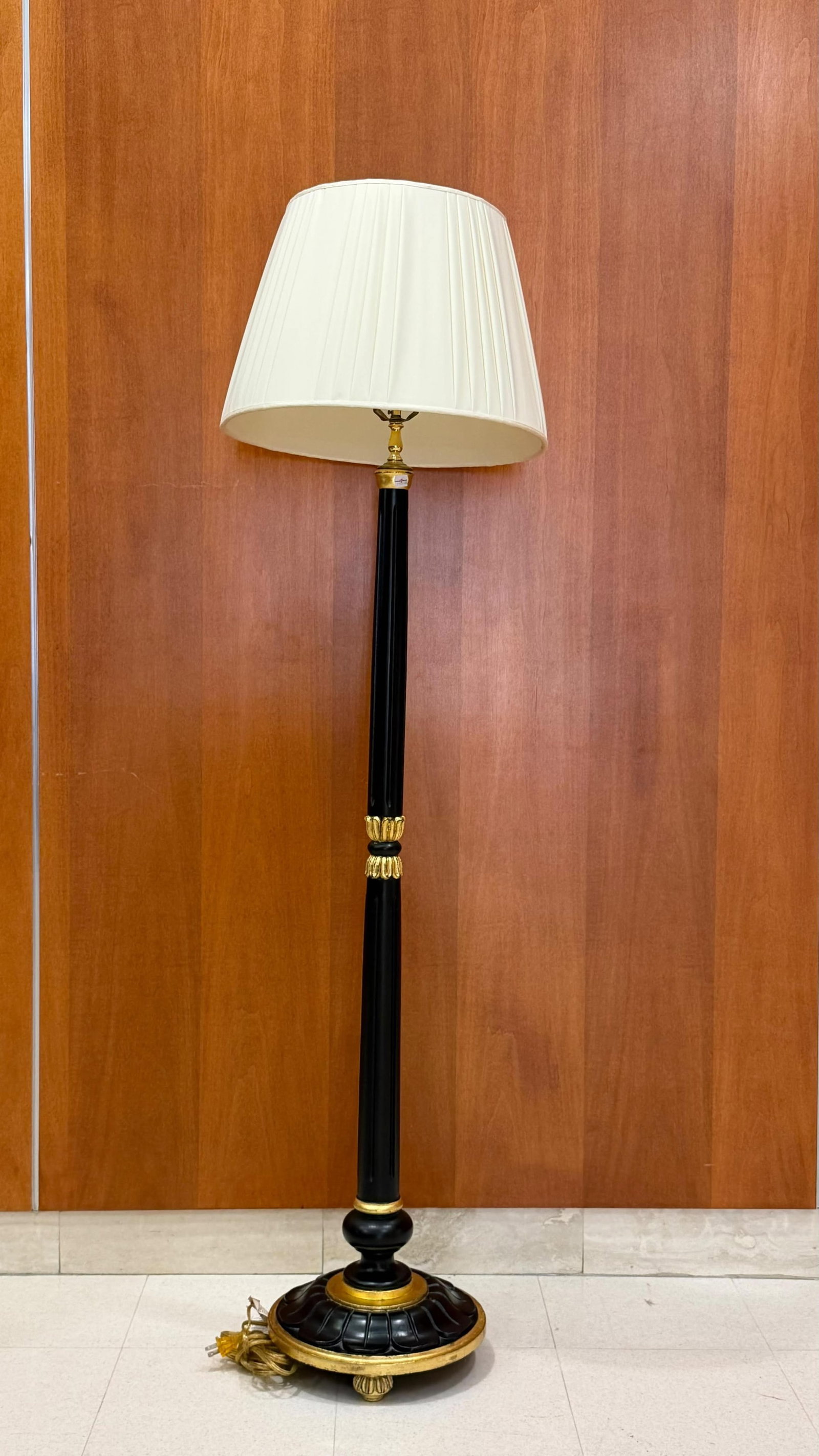 FREDERICK COOPER NEOCLASSICAL STYLE BLACK AND GILT-PAINTED FLOOR LAMP - H: 61 in., to top of shade. (1 of 7)