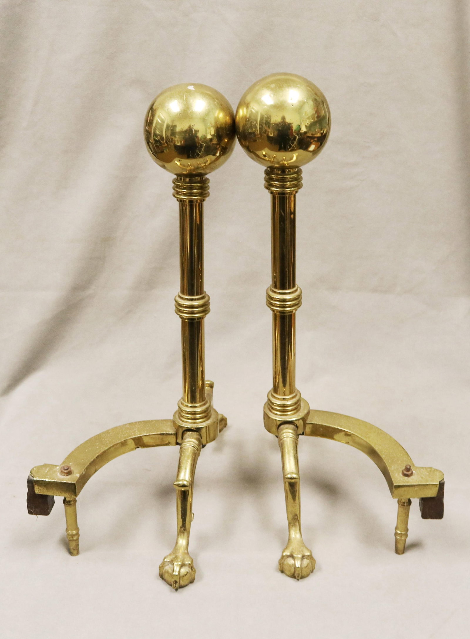 PAIR BRASS BALL-TOP ANDIRONS - H: 22 1/2".. (1 of 5)
