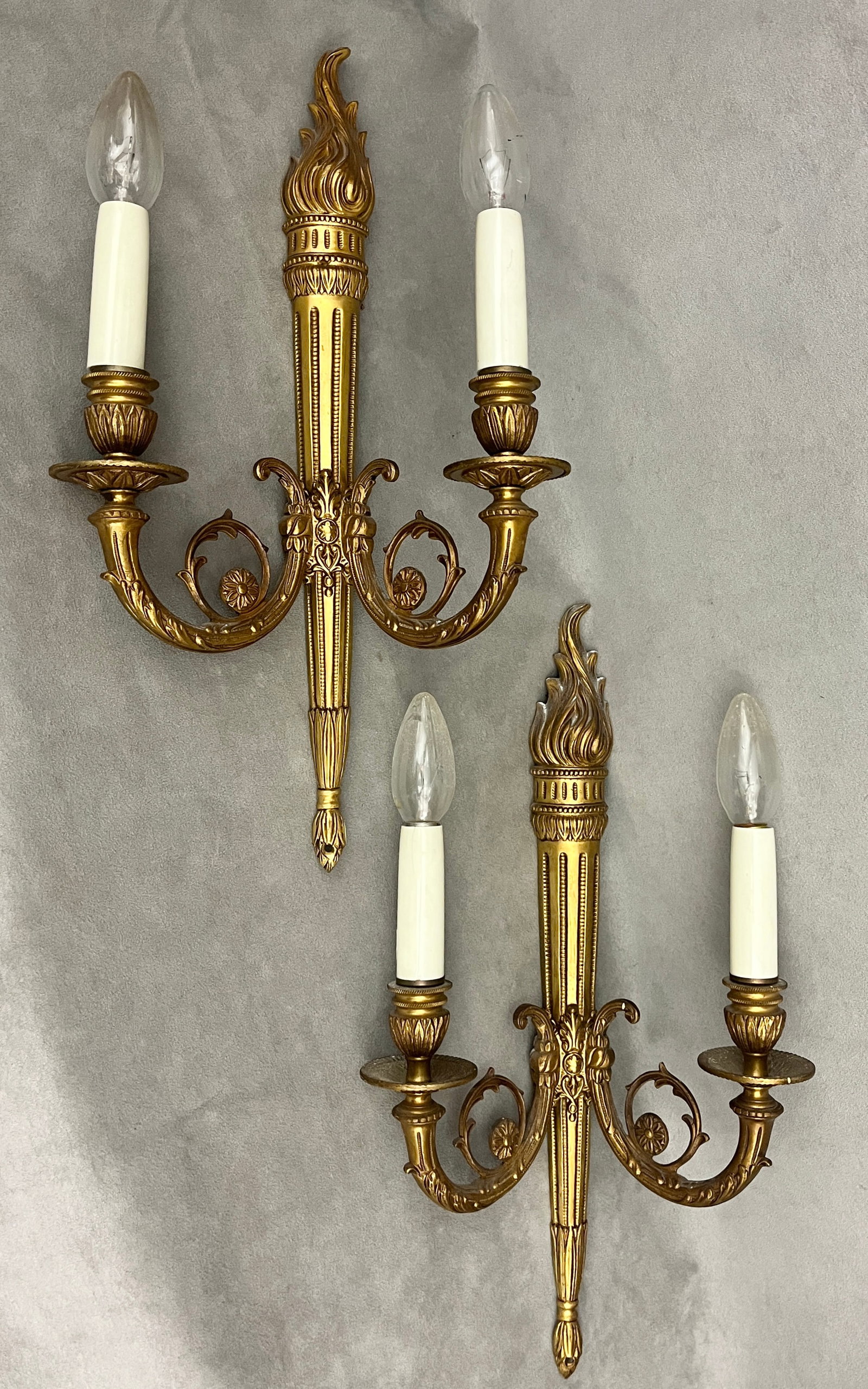 PAIR FRENCH BRASS TWO-LIGHT WALL SCONCES CAST AS FLAMING TORCHES - H: 17 1/2 in. (1 of 14)