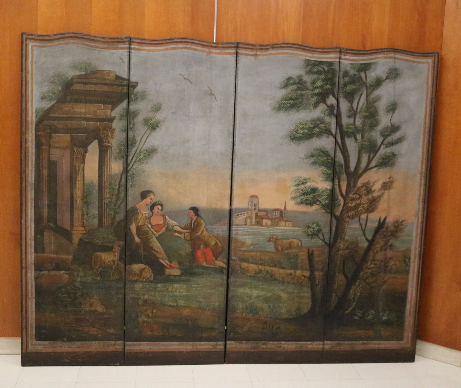 PAINTED CANVAS FOUR-FOLD FLOOR SCREEN - H: 69 in. W: 86 in.. (1 of 11)