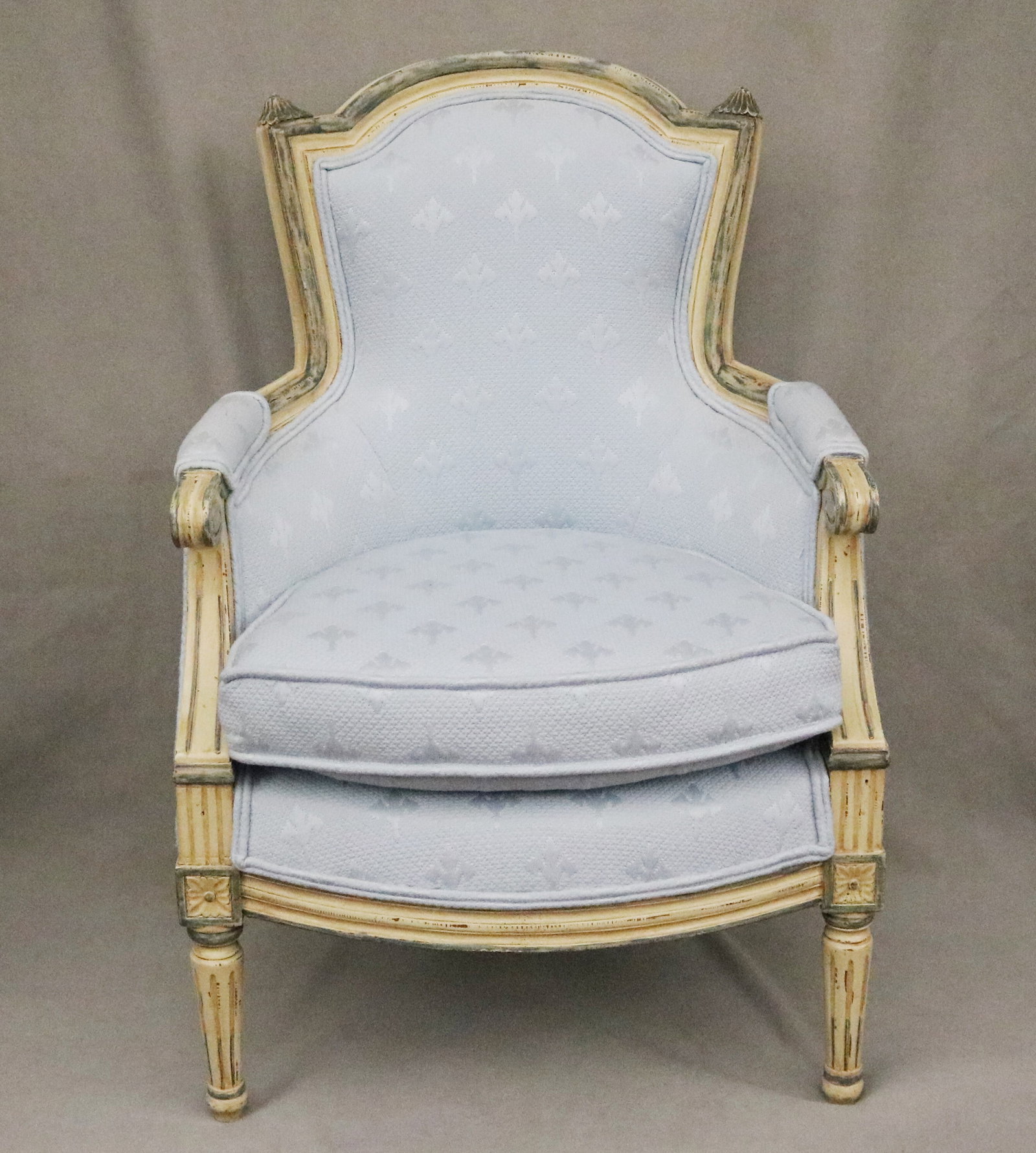 LOUIS XVI STYLE CARVED AND UPHOLSTERED CHILD'S CHAIR WITH WASHED FRAME HAVING BLUE HIGHLIGHTS - H: (1 of 10)
