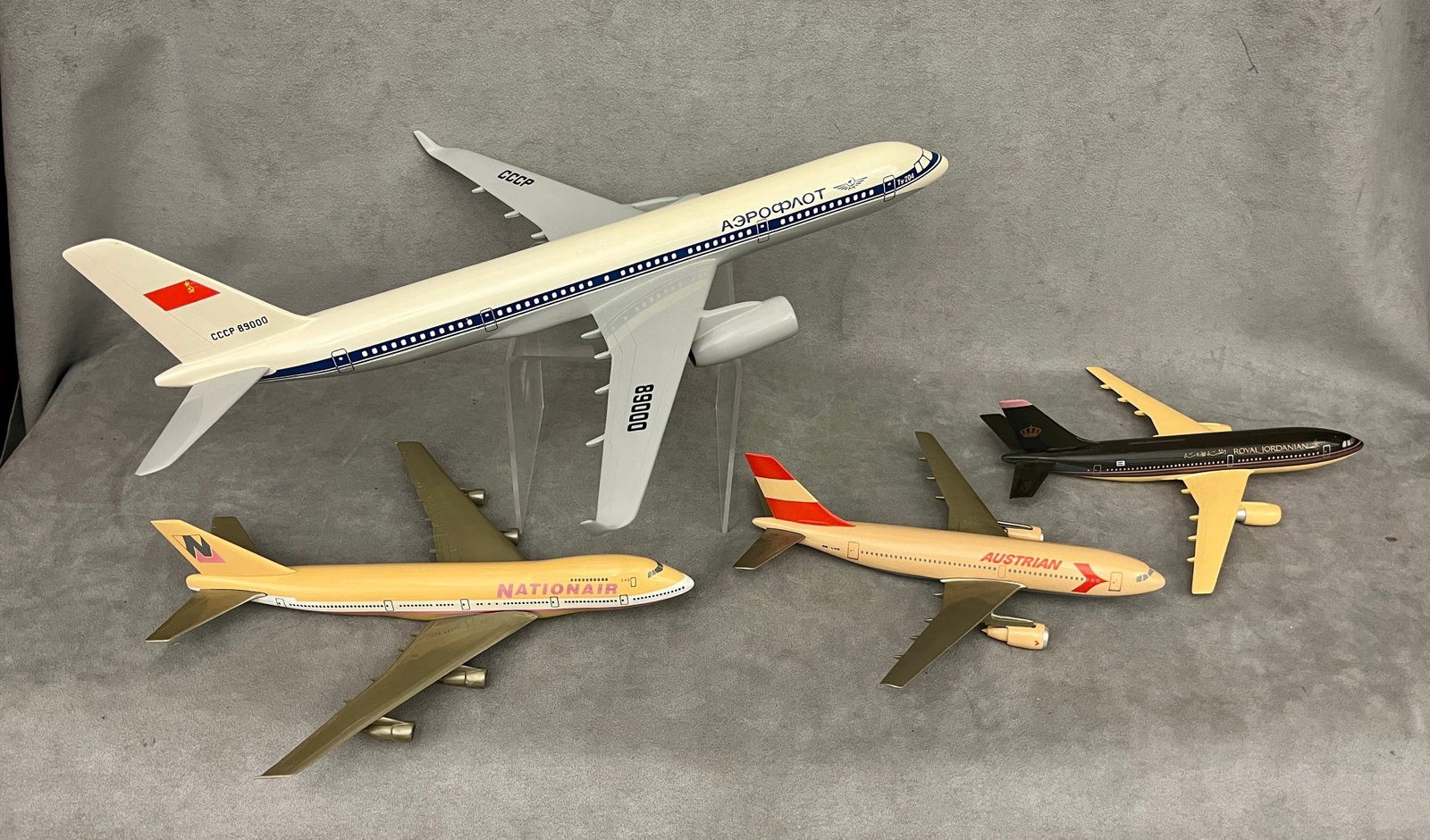 COLLECTION FOUR SCALE MODEL TOY AIRPLANES - .: COLLECTION FOUR SCALE MODEL TOY AIRPLANES Including Royal Jordanian Airbus A310-300; Austrian Airlines Airbus A310; Nationair Canada Boeing 747; AND Soviet-era Aeroflot Tupolev Tu-204