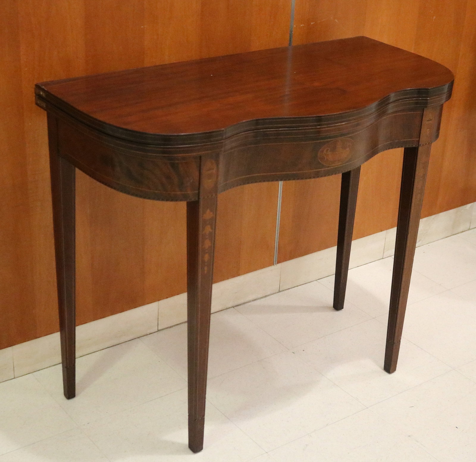 FEDERAL-STYLE FLIP-TOP SERPENTINE FRONT MAHOGANY TABLE WITH INLAY - . (1 of 8)